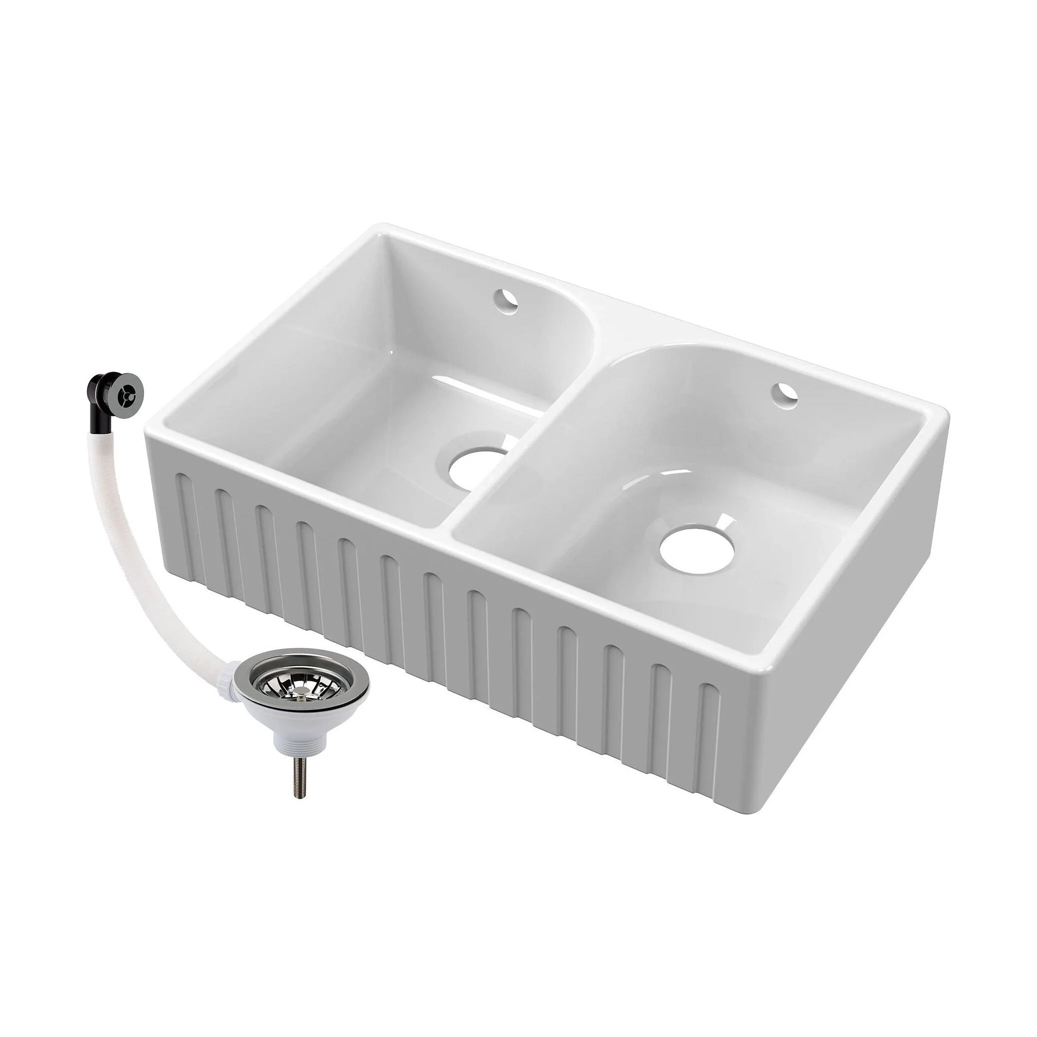 Fireclay Double Bowl Fluted Front Butler Kitchen Sink with Full Weir, Overflows, Tap Ledge and Wastes, 795mm - Chrome - Image 4