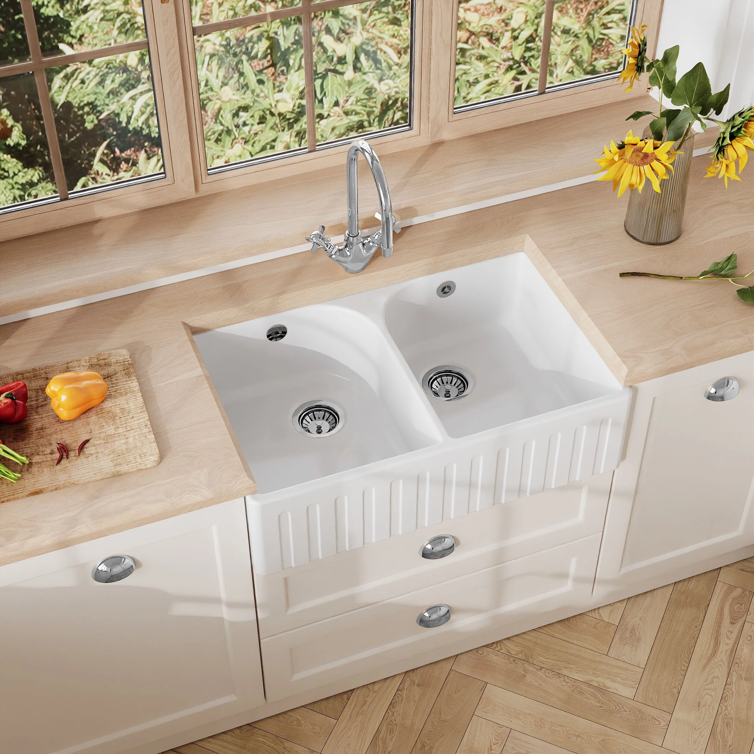 Fireclay Double Bowl Fluted Front Butler Kitchen Sink with Full Weir, Overflows, Tap Ledge and Wastes, 795mm - Chrome - Image 5