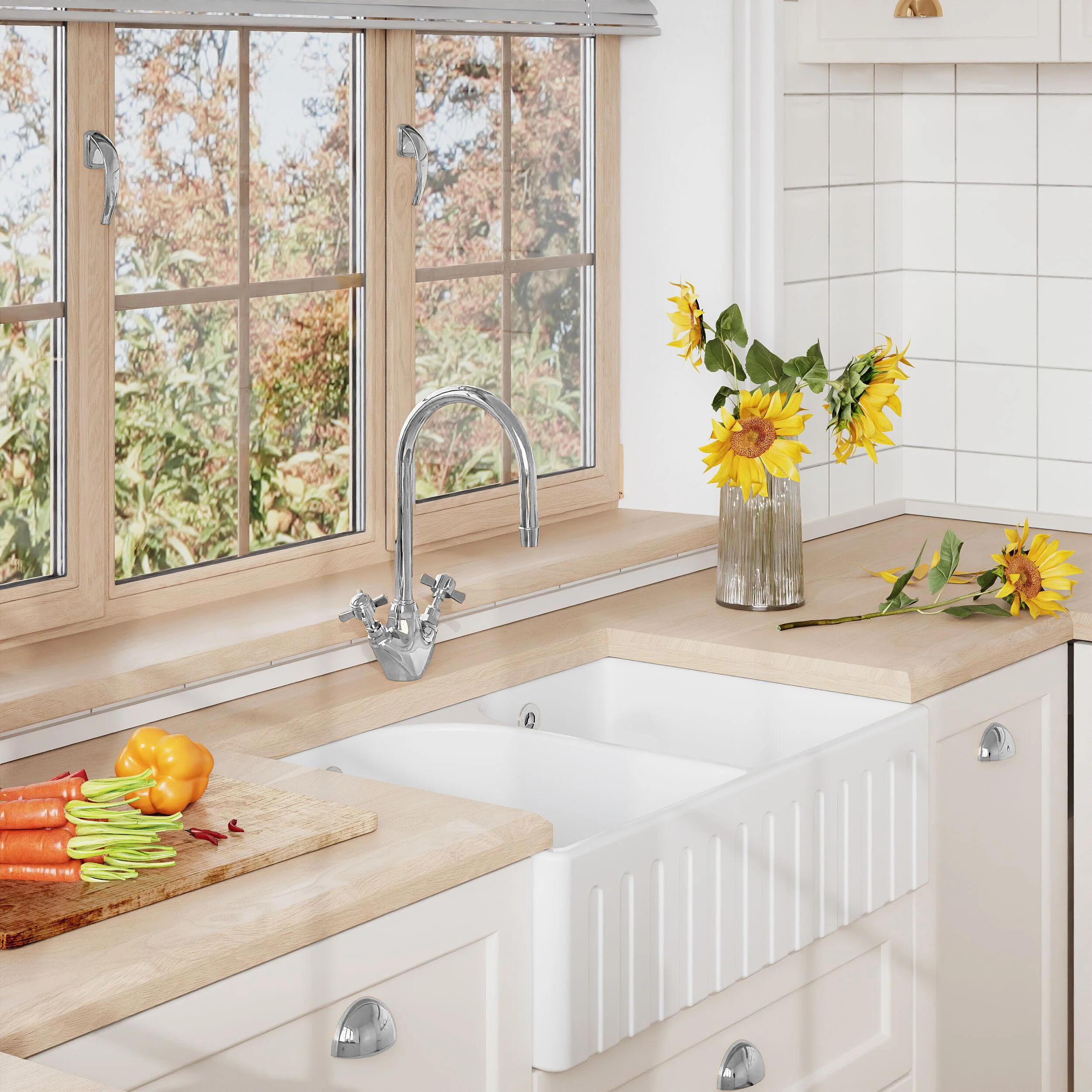 Fireclay Double Bowl Fluted Front Butler Kitchen Sink with Full Weir, Overflows, Tap Ledge and Wastes, 795mm - Chrome - Image 6