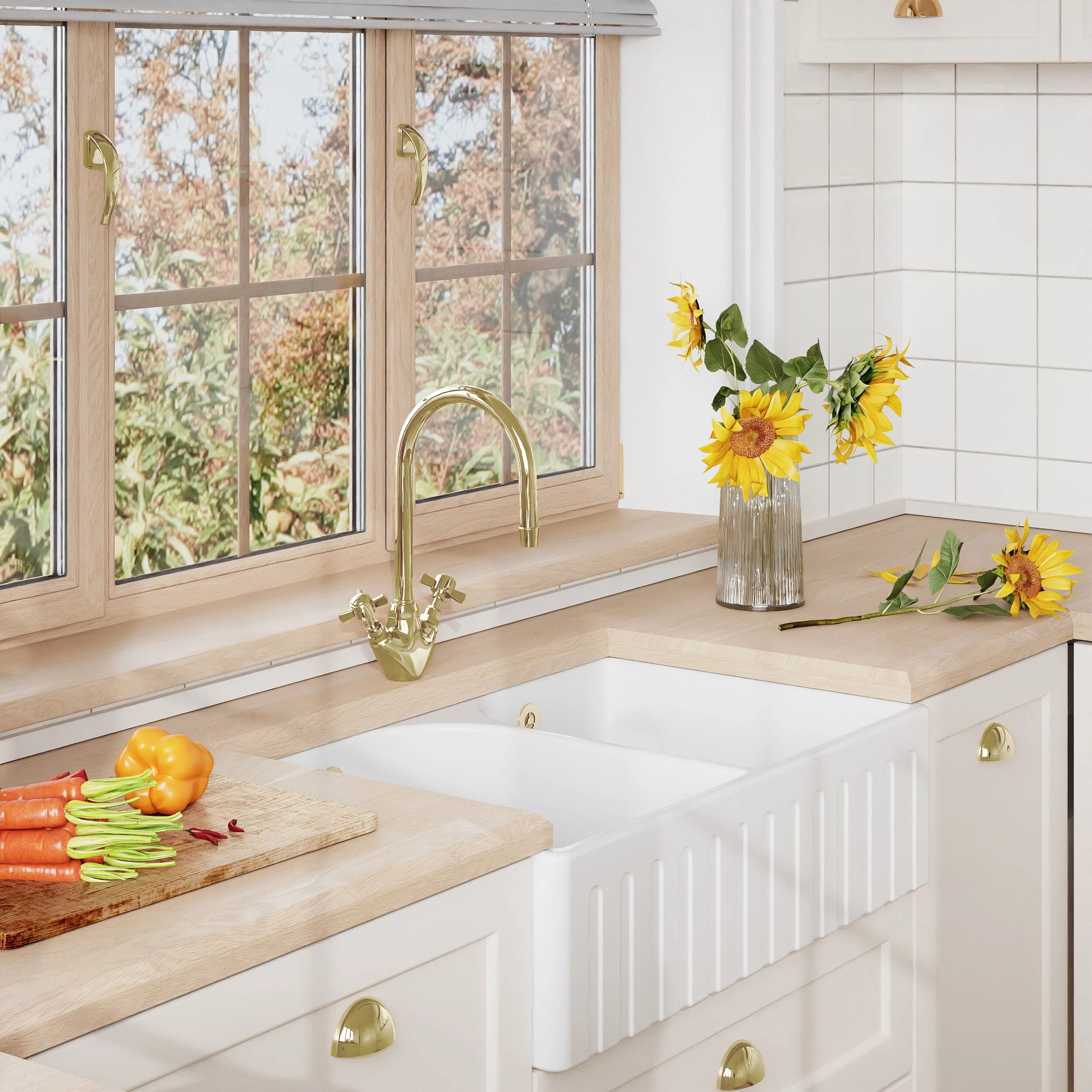 Fireclay Double Bowl Fluted Front Butler Kitchen Sink with Full Weir, Overflows, Tap Ledge and Wastes, 795mm - Chrome - Image 8
