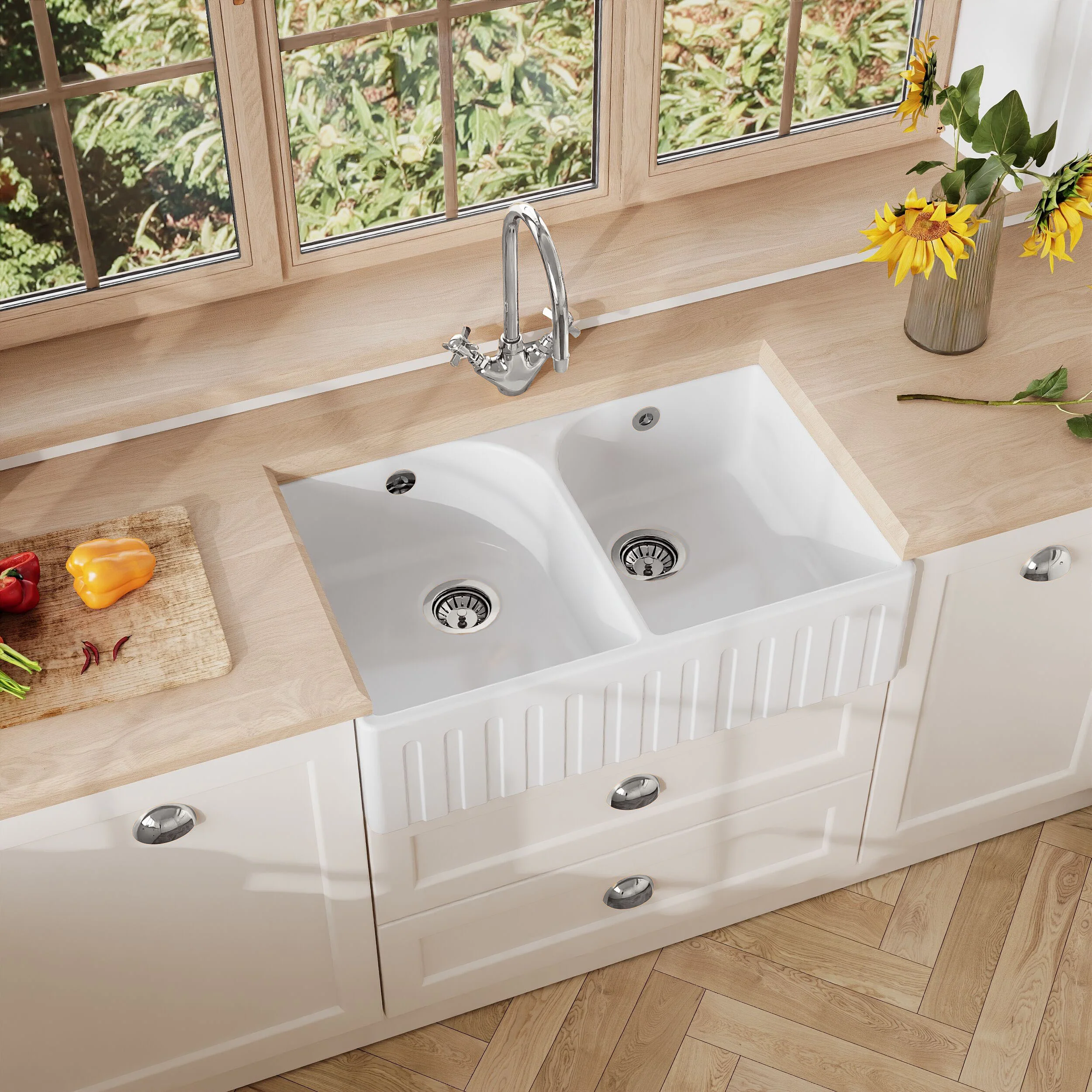 Fireclay Double Bowl Fluted Front Butler Kitchen Sink with Full Weir, Overflows, Tap Ledge and Wastes, 795mm - Chrome - Image 9