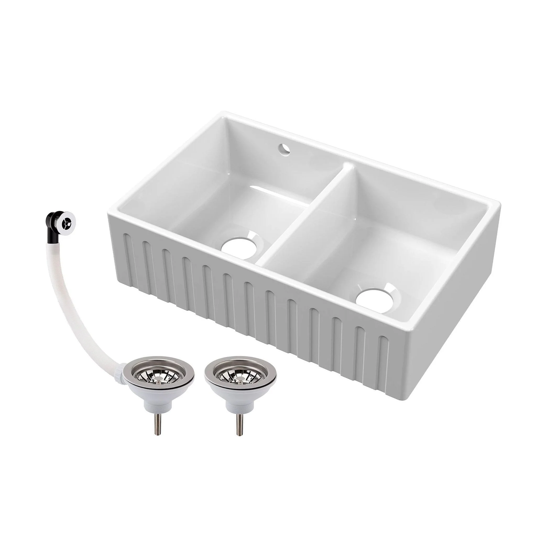 Fireclay Ceramic Double Bowl Fluted Butler Kitchen Sink with Overflow and Stepped Weir, Strainer Wastes, 795mm - Chrome
