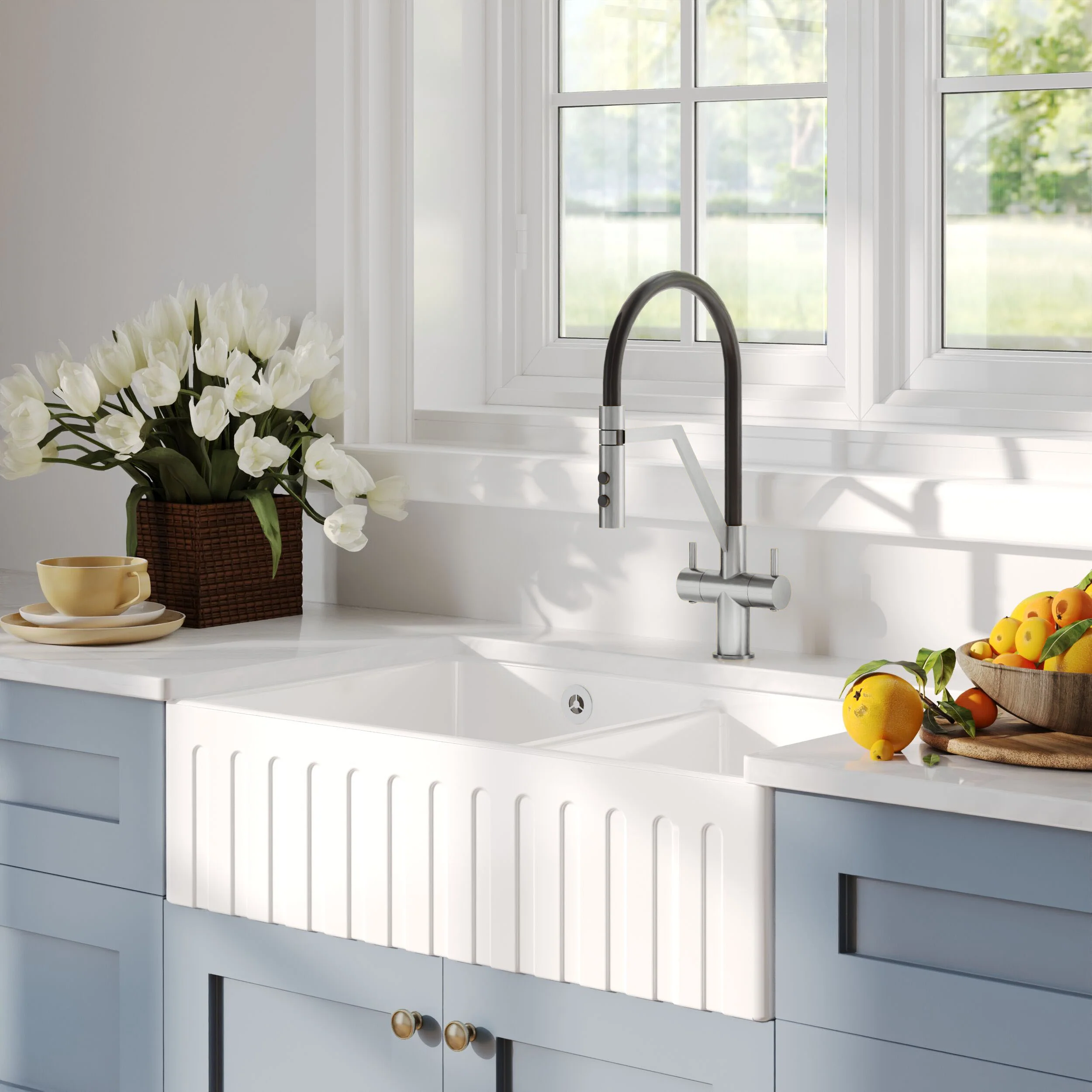 Fireclay Ceramic Double Bowl Fluted Butler Kitchen Sink with Overflow and Stepped Weir, Strainer Wastes, 795mm - Chrome - Image 10