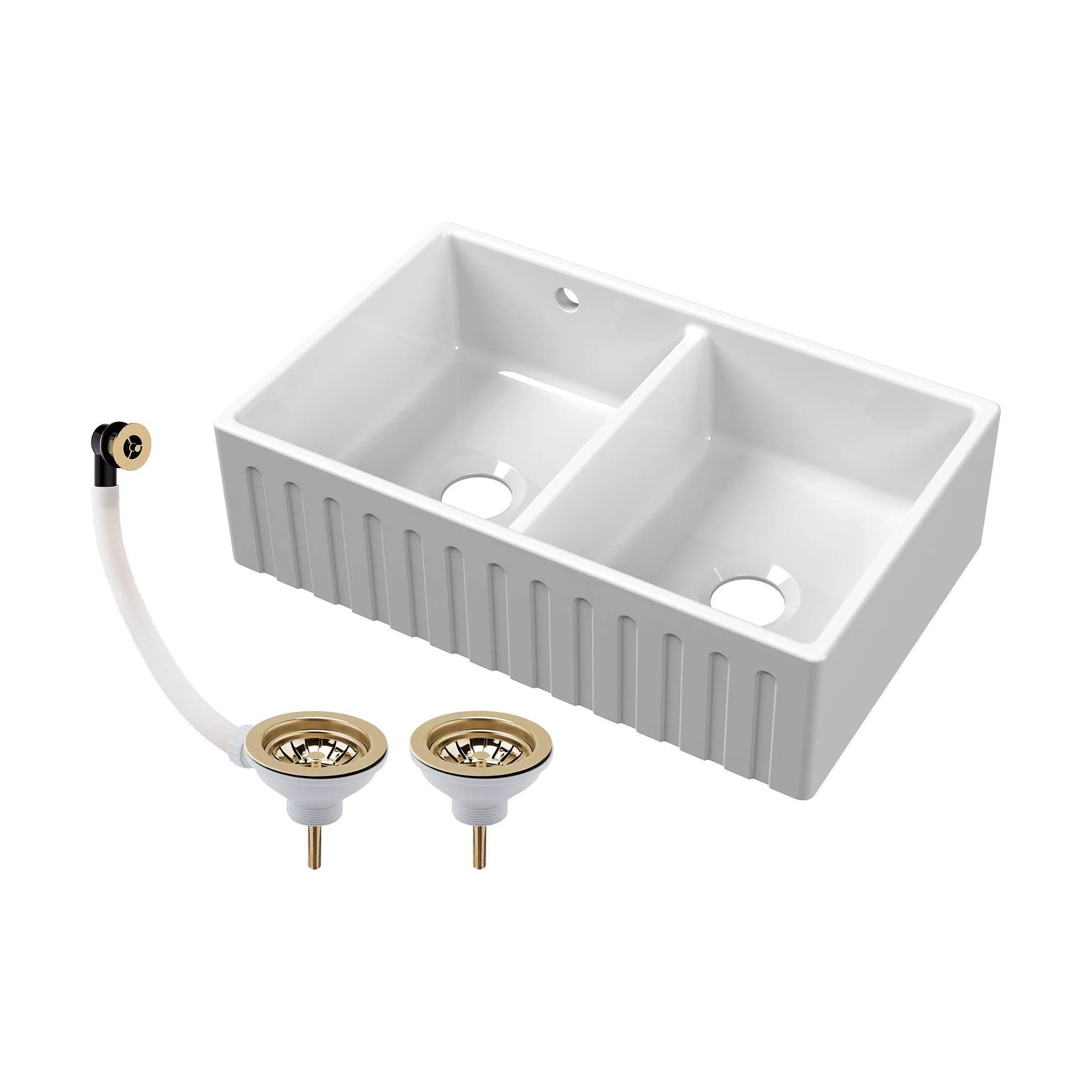 Fireclay Ceramic Double Bowl Fluted Butler Kitchen Sink with Overflow and Stepped Weir, Strainer Wastes, 795mm - Chrome - Image 2