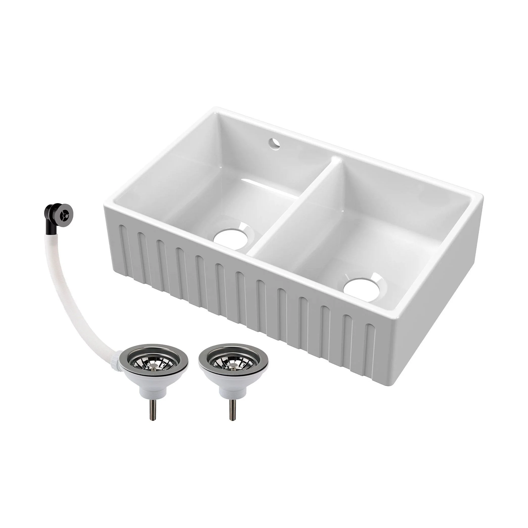 Fireclay Ceramic Double Bowl Fluted Butler Kitchen Sink with Overflow and Stepped Weir, Strainer Wastes, 795mm - Chrome - Image 3