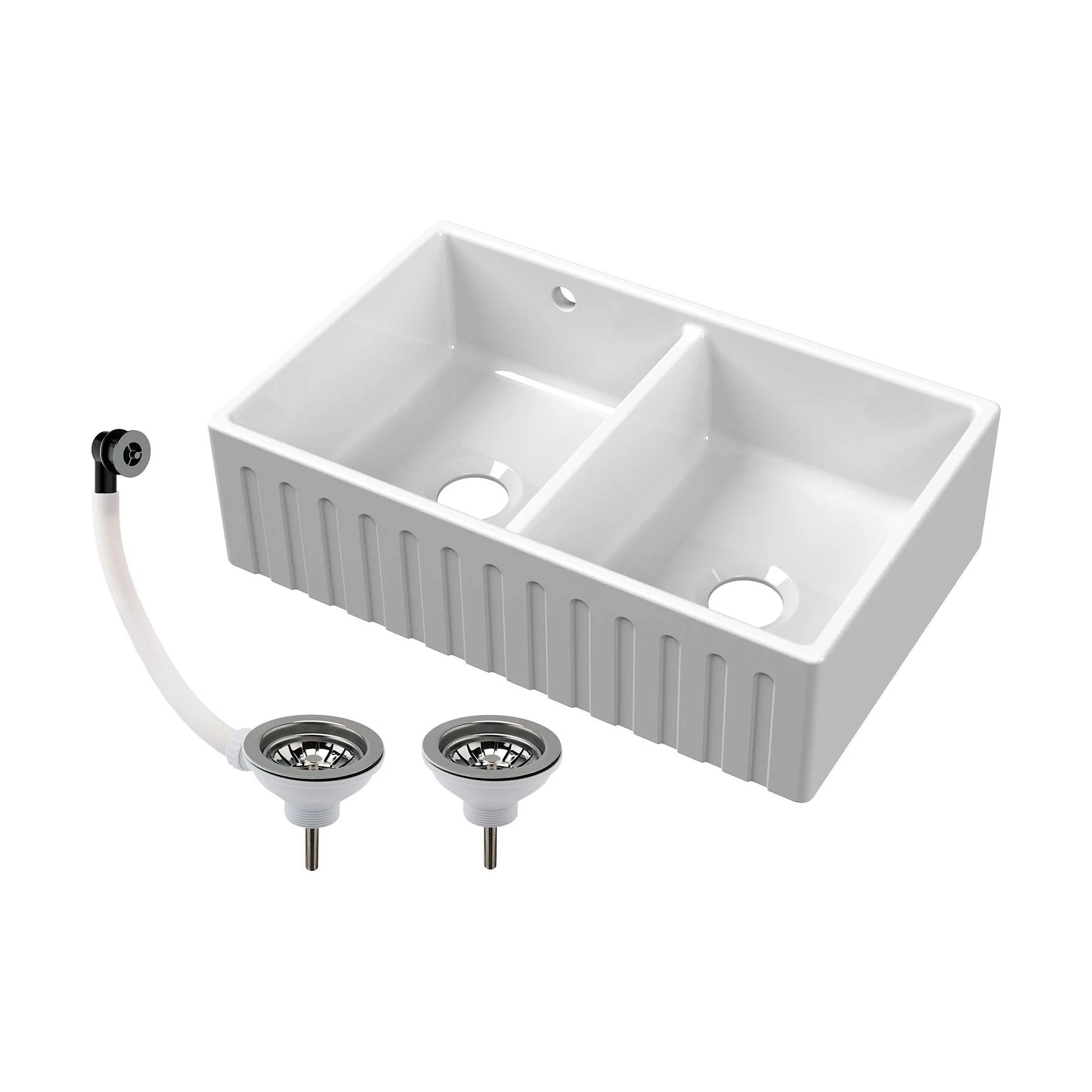 Fireclay Ceramic Double Bowl Fluted Butler Kitchen Sink with Overflow and Stepped Weir, Strainer Wastes, 795mm - Chrome - Image 4