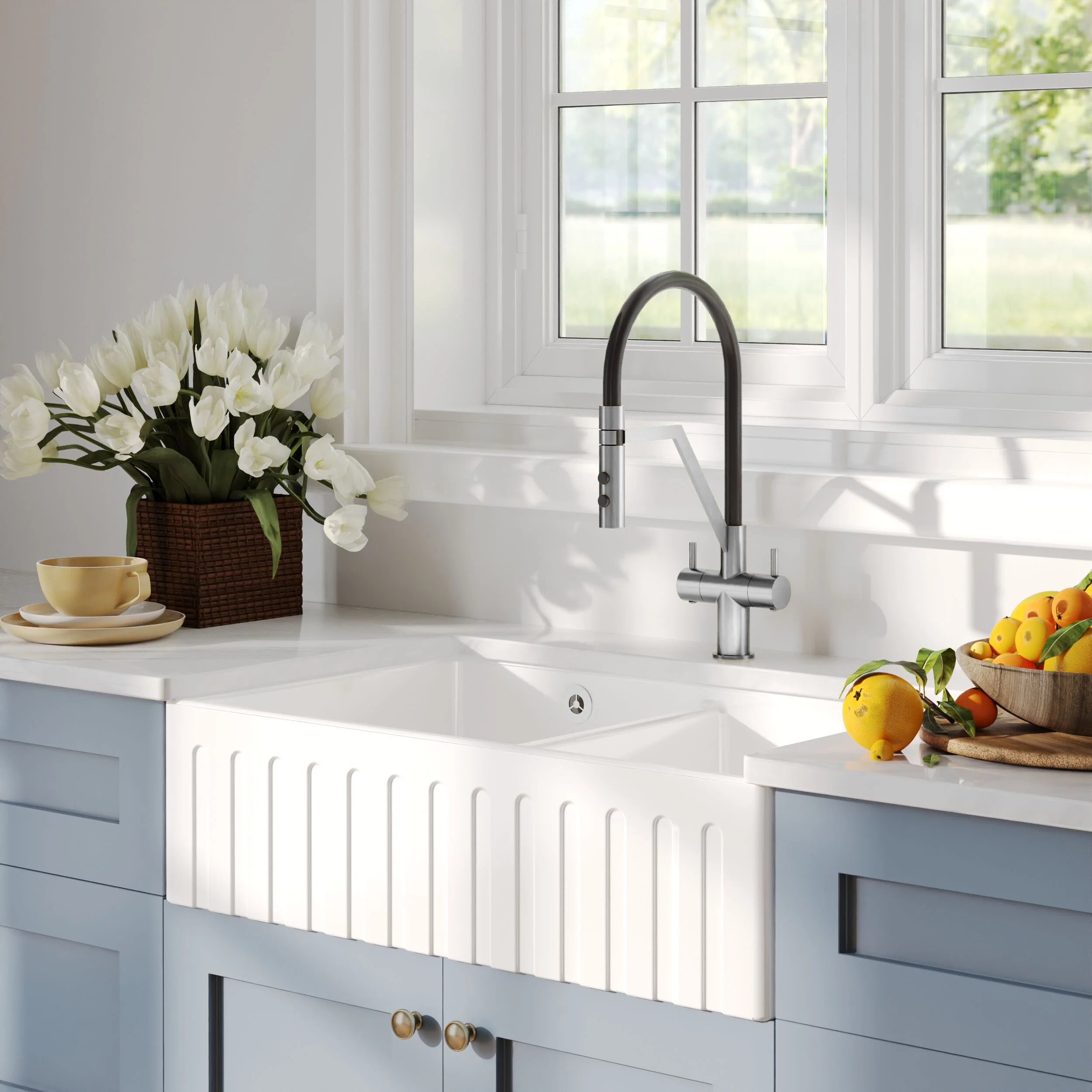 Fireclay Ceramic Double Bowl Fluted Butler Kitchen Sink with Overflow and Stepped Weir, Strainer Wastes, 795mm - Chrome - Image 6