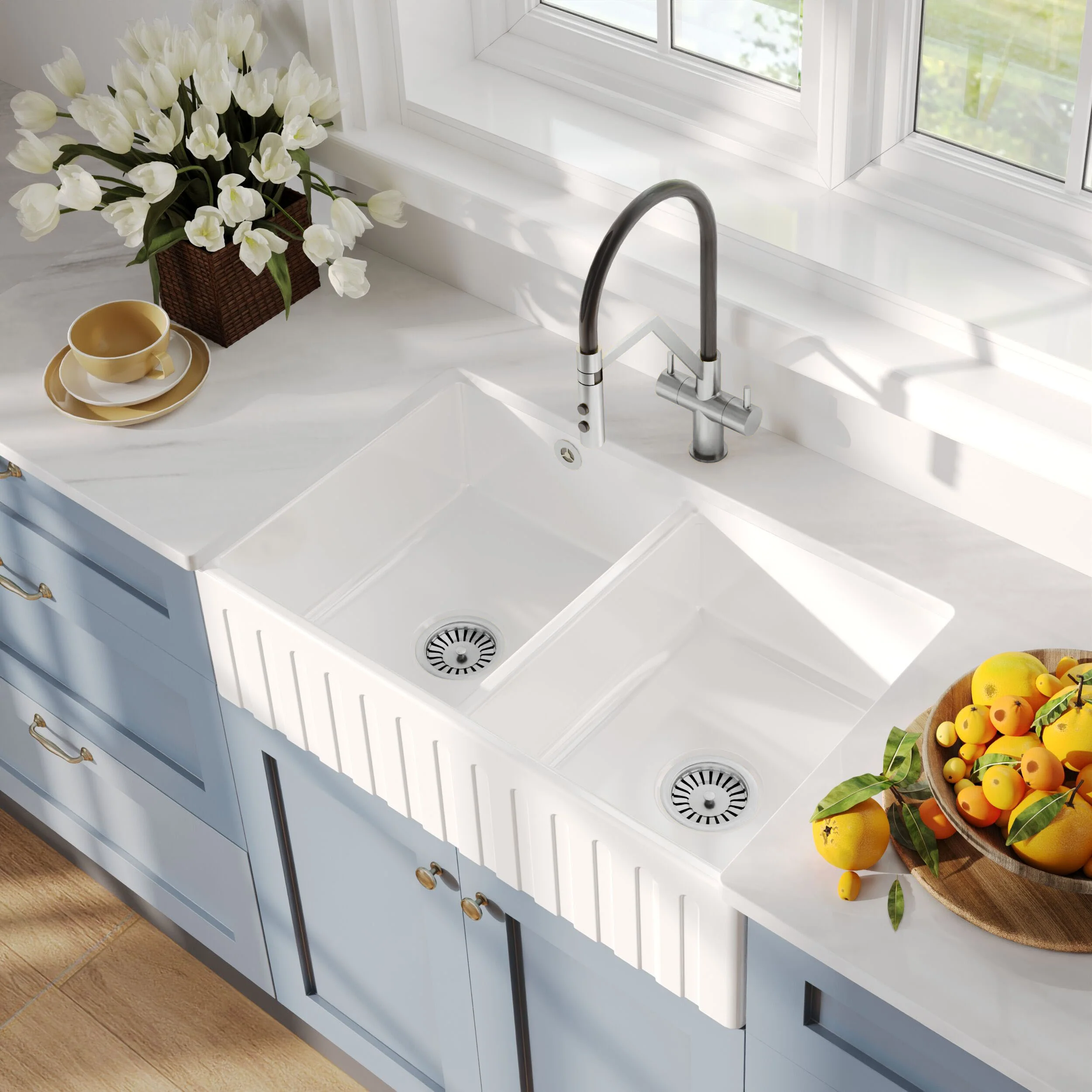 Fireclay Ceramic Double Bowl Fluted Butler Kitchen Sink with Overflow and Stepped Weir, Strainer Wastes, 795mm - Chrome - Image 9