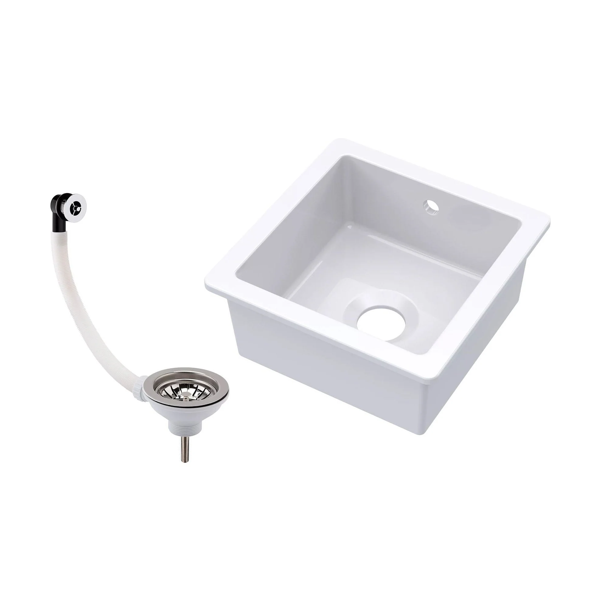 Fireclay Ceramic Single Bowl Square Undermount Kitchen Sink with Overflow and Chrome Strainer Waste, 457mm - White