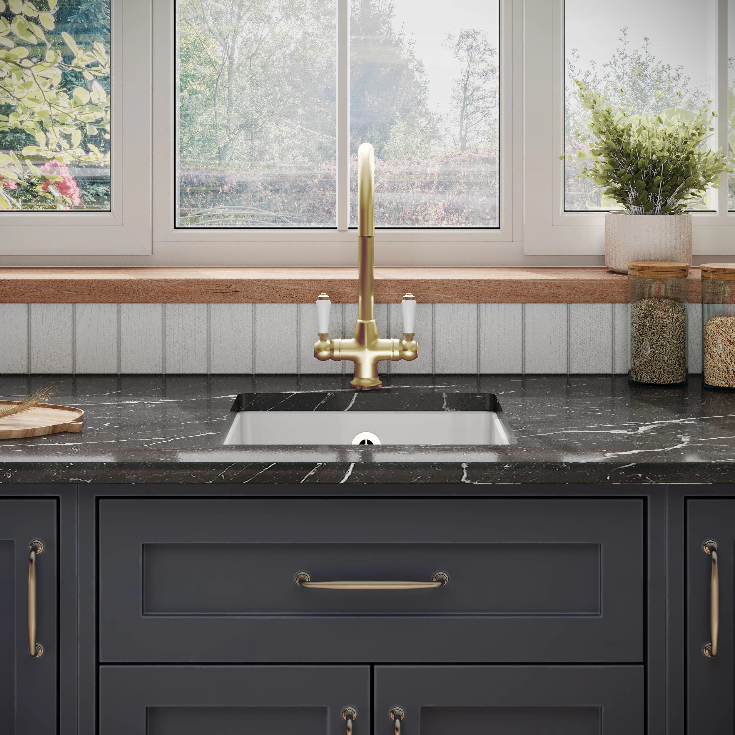 Balterley Fireclay Ceramic Single Bowl Square Undermount Kitchen Sink with Overflow and Brushed Brass Strainer Waste, 457mm - Image 2