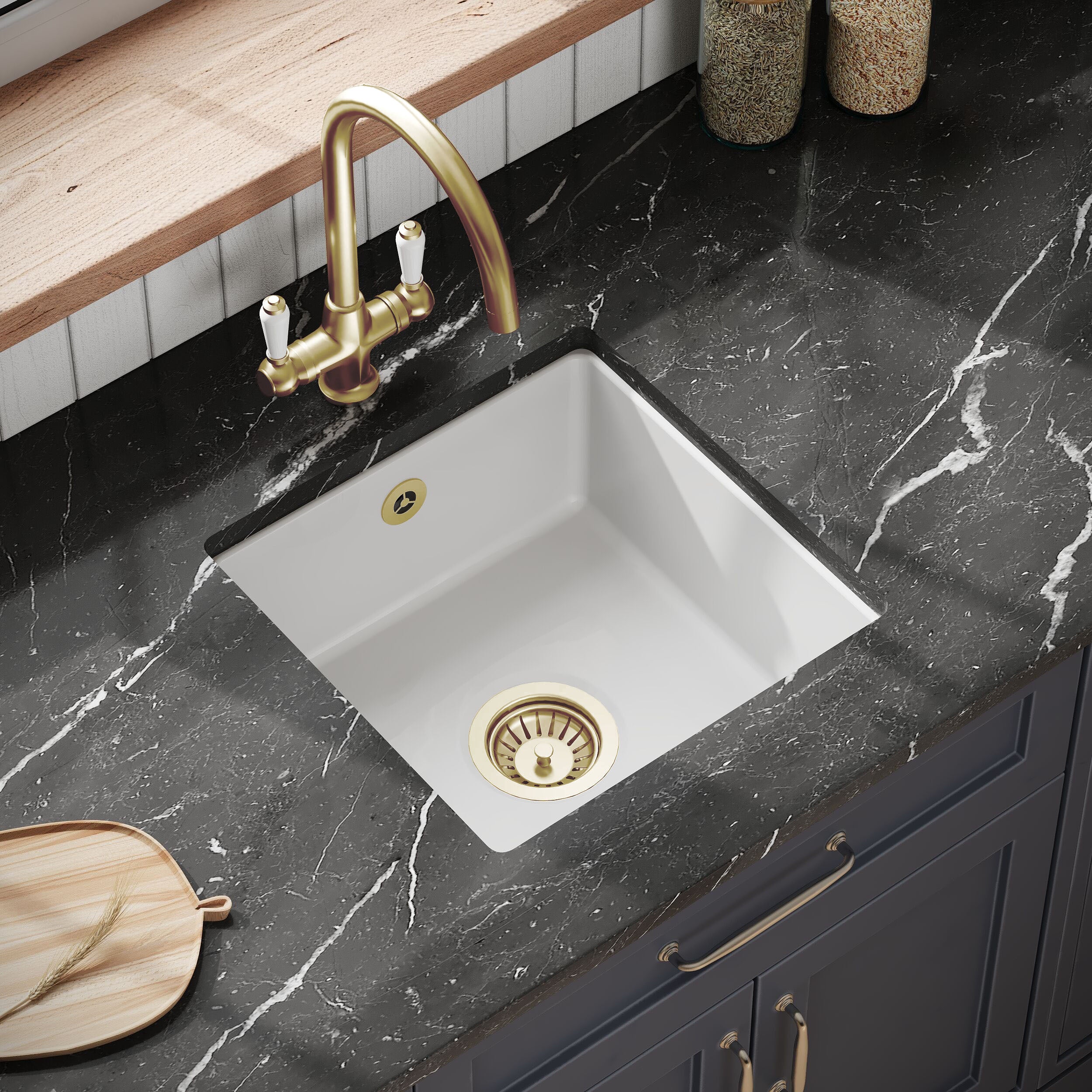 Balterley Fireclay Ceramic Single Bowl Square Undermount Kitchen Sink with Overflow and Brushed Brass Strainer Waste, 457mm - Image 3