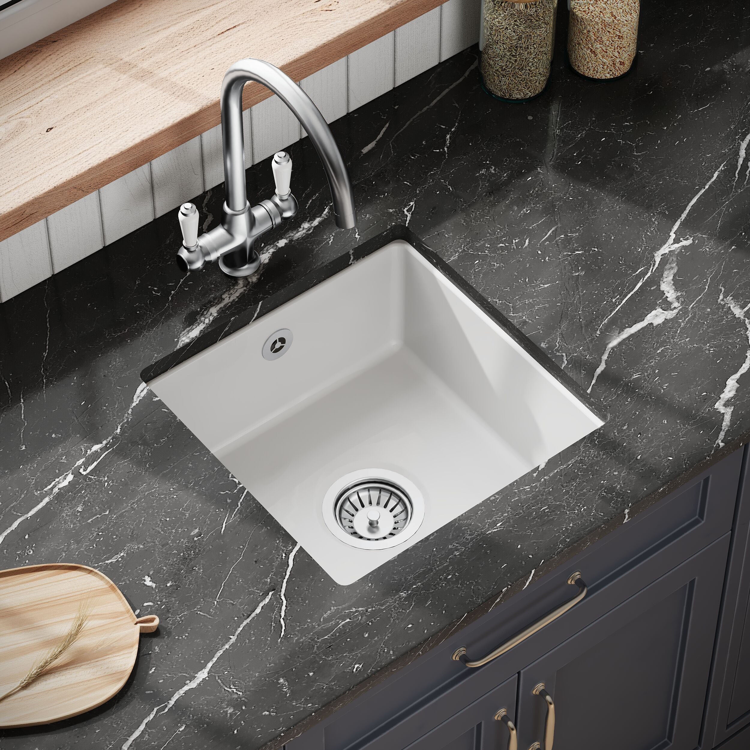 Balterley Fireclay Ceramic Single Bowl Square Undermount Kitchen Sink with Overflow and Brushed Pewter Strainer Waste, 457mm - Image 3