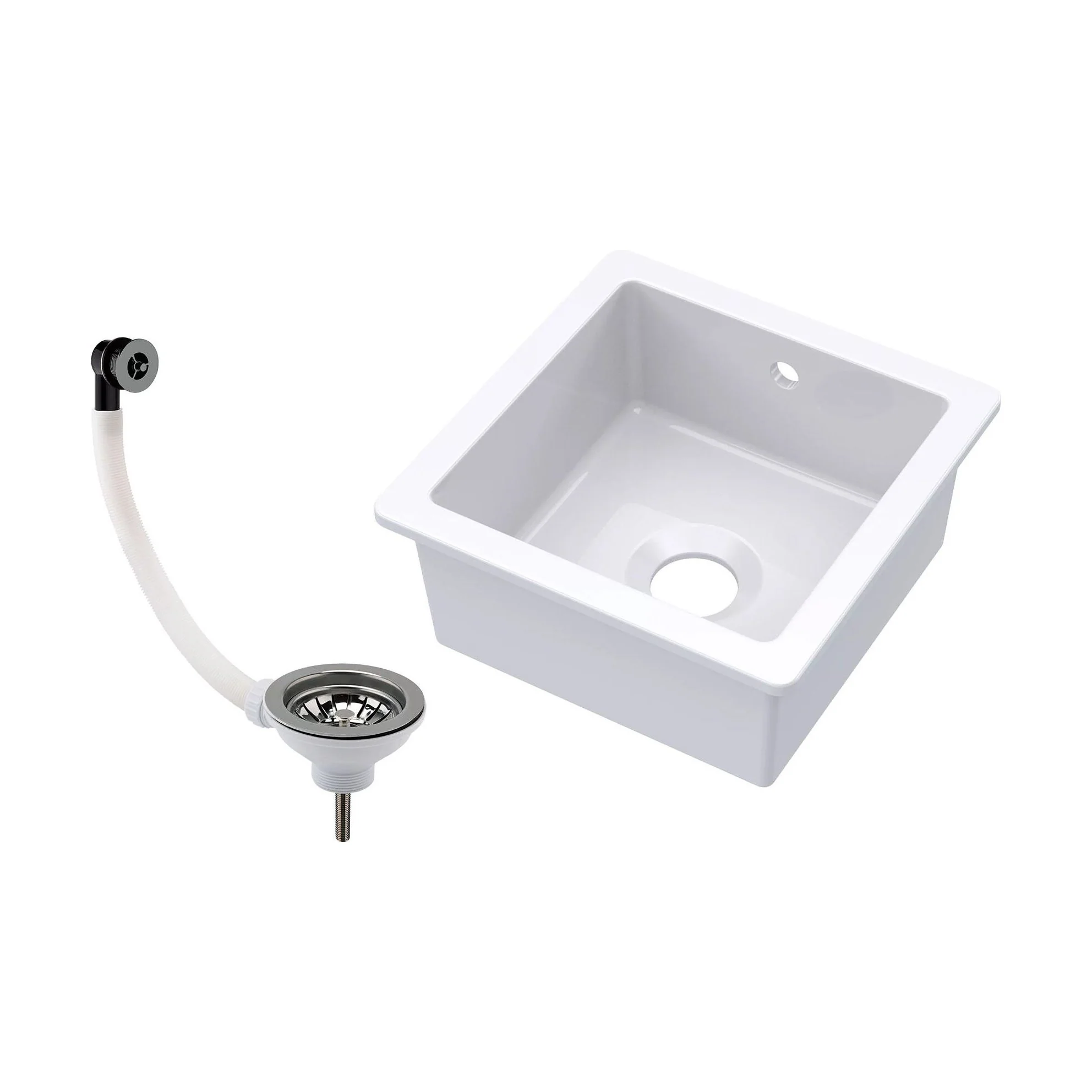 Balterley Fireclay Ceramic Single Bowl Square Undermount Kitchen Sink with Overflow and Brushed Nickel Strainer Waste, 457mm