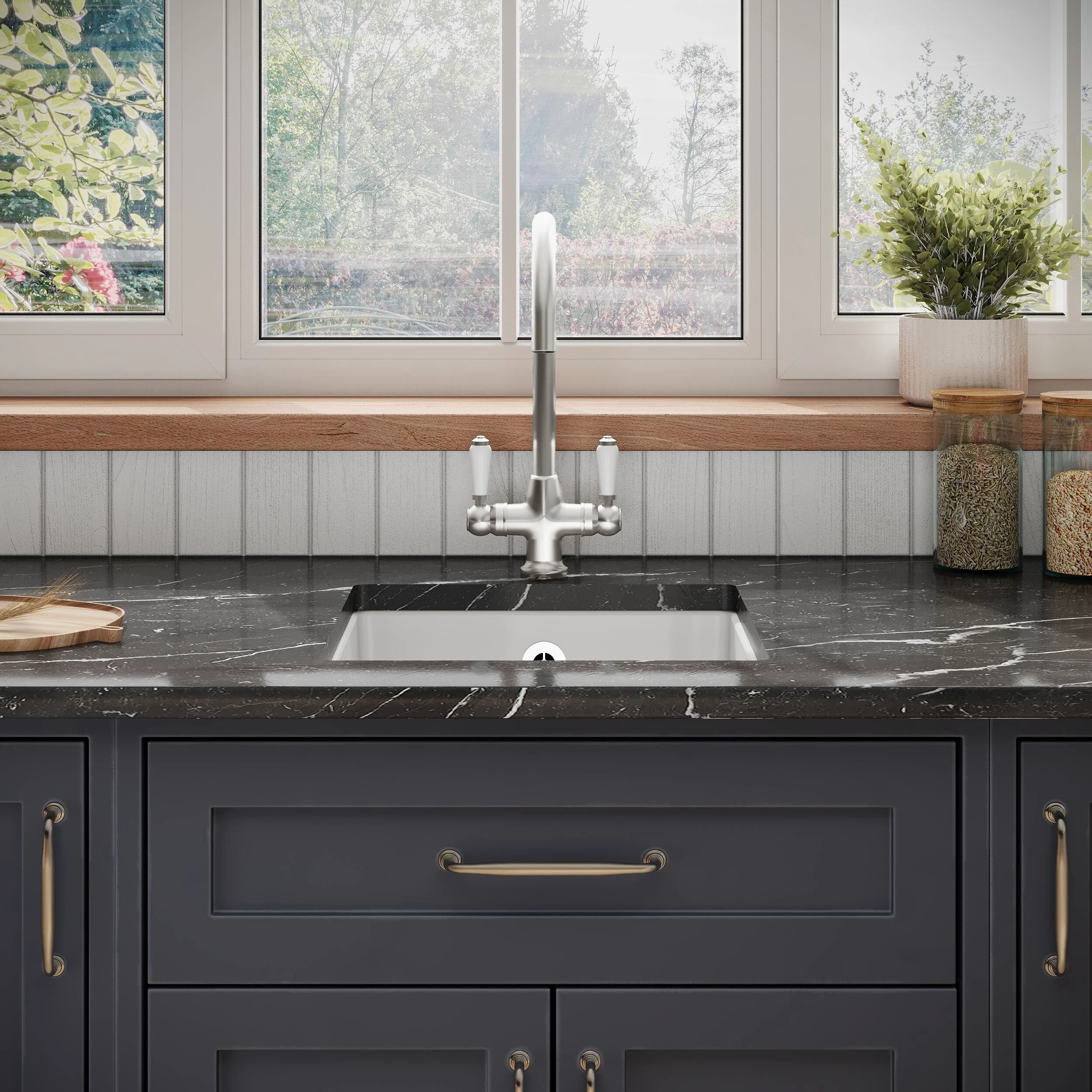Balterley Fireclay Ceramic Single Bowl Square Undermount Kitchen Sink with Overflow and Brushed Nickel Strainer Waste, 457mm - Image 2