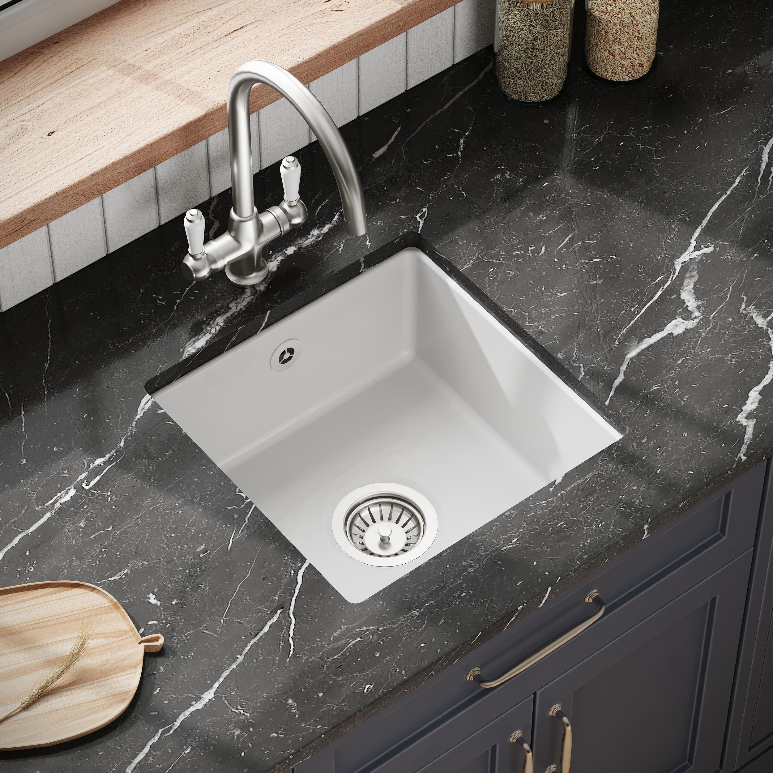 Balterley Fireclay Ceramic Single Bowl Square Undermount Kitchen Sink with Overflow and Brushed Nickel Strainer Waste, 457mm - Image 3