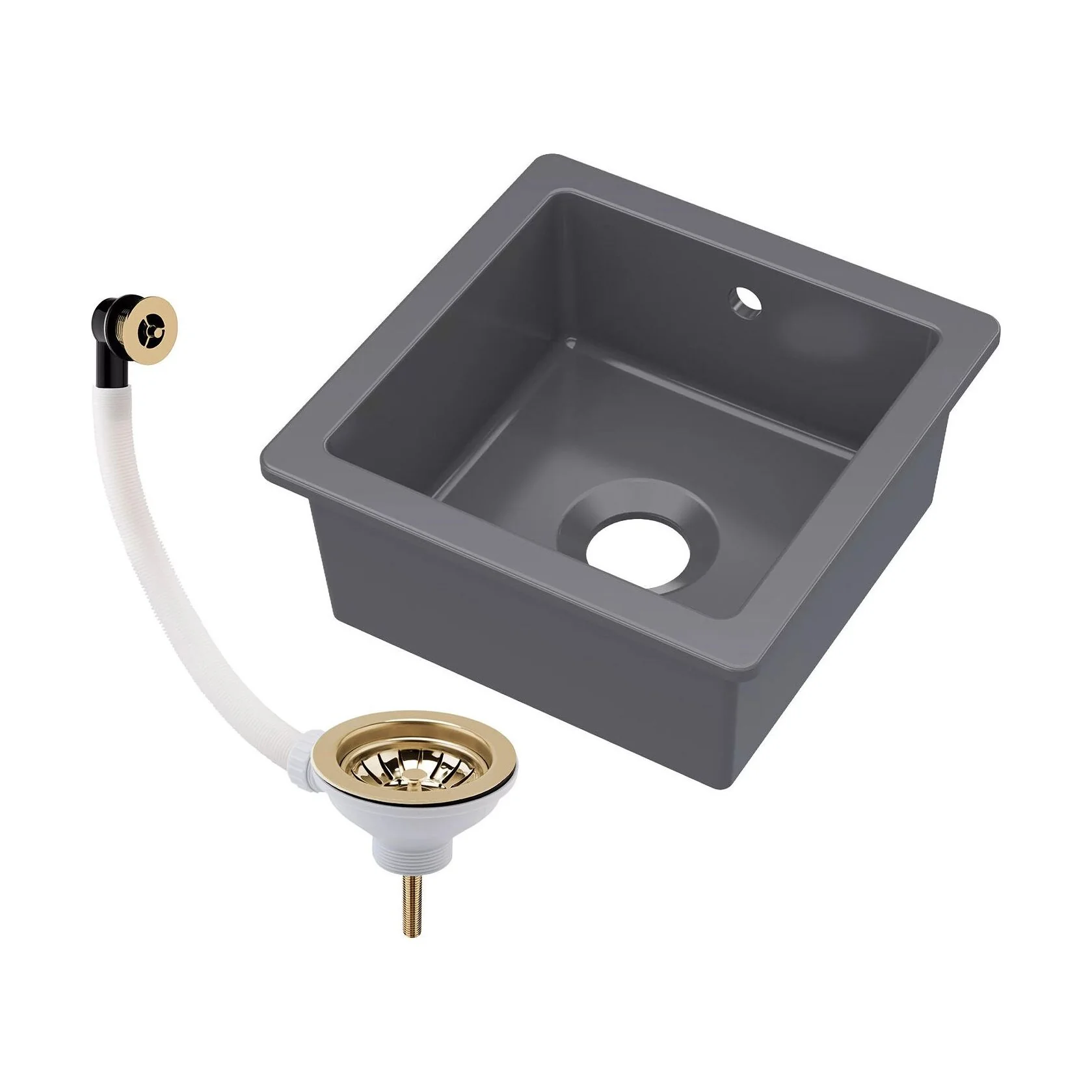 Balterley Dark Grey Fireclay Ceramic Single Bowl Square Undermount Kitchen Sink with Overflow and Brushed Brass Waste, 457mm