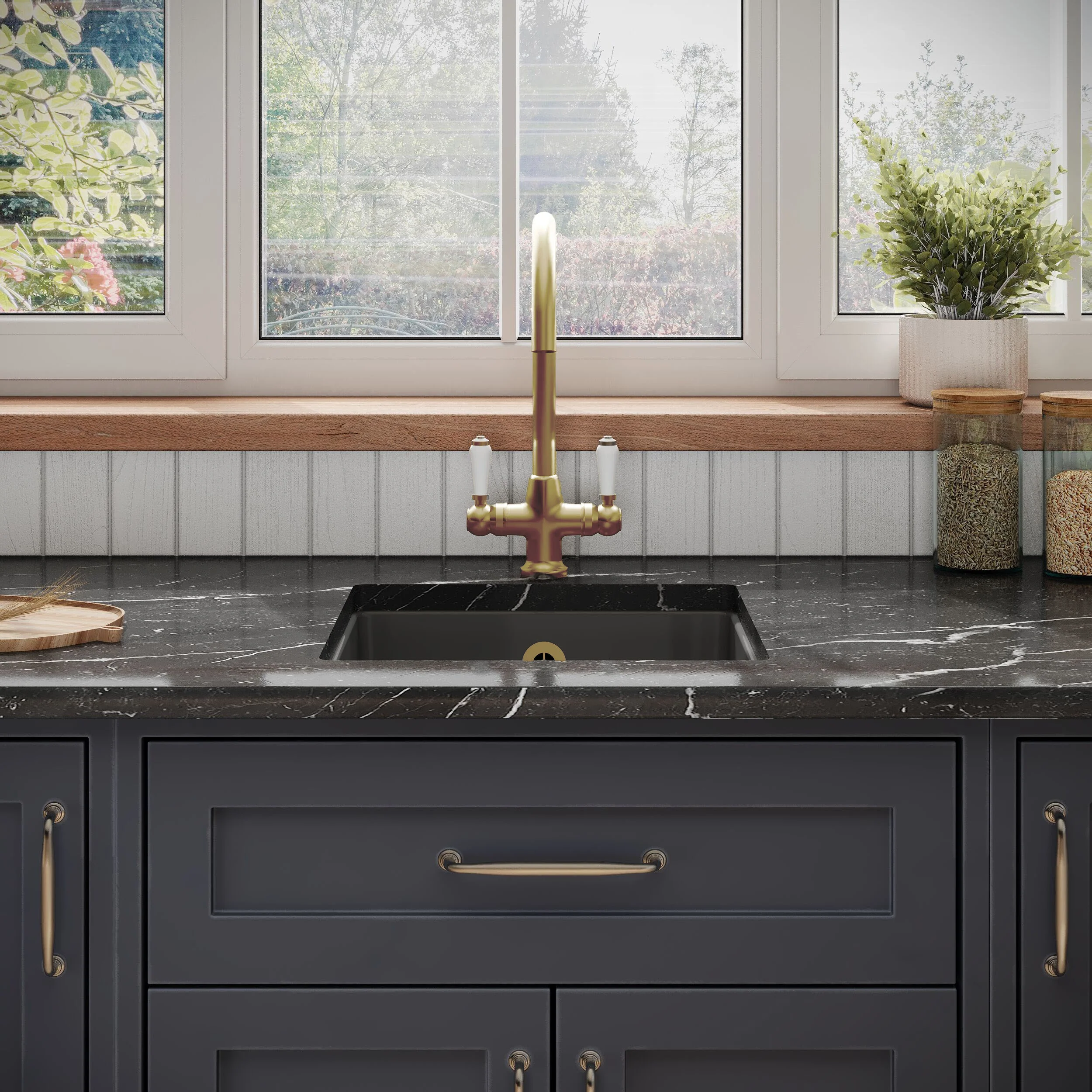 Balterley Dark Grey Fireclay Ceramic Single Bowl Square Undermount Kitchen Sink with Overflow and Brushed Brass Waste, 457mm - Image 2