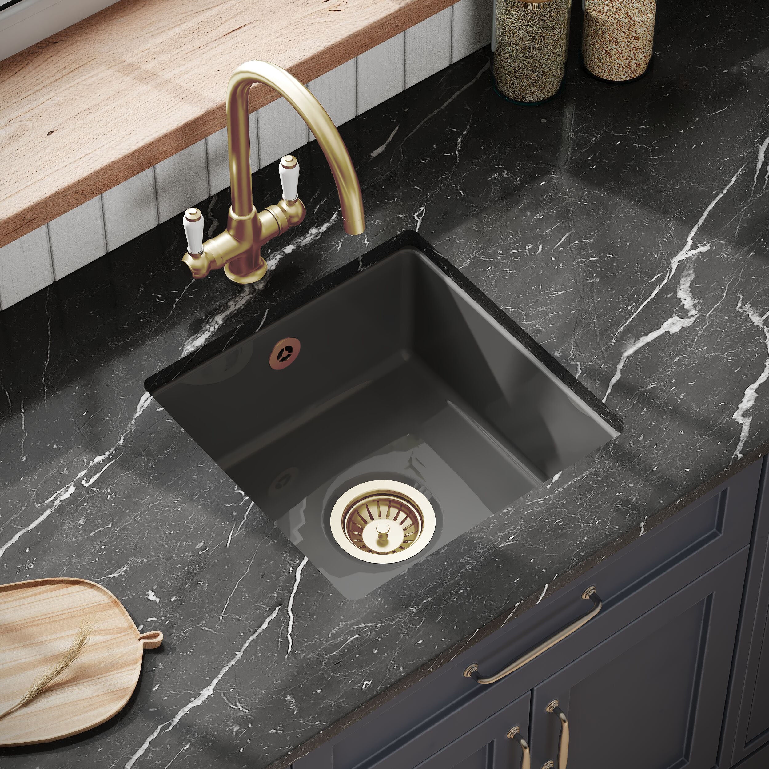 Balterley Dark Grey Fireclay Ceramic Single Bowl Square Undermount Kitchen Sink with Overflow and Brushed Brass Waste, 457mm - Image 3