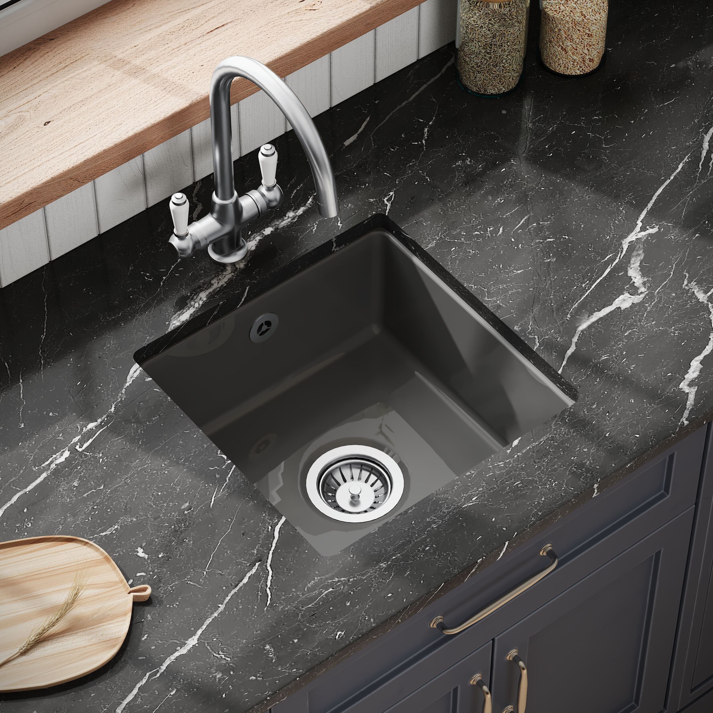 Balterley Dark Grey Fireclay Ceramic Single Bowl Square Undermount Kitchen Sink with Overflow and Brushed Pewter Waste, 457mm - Image 3