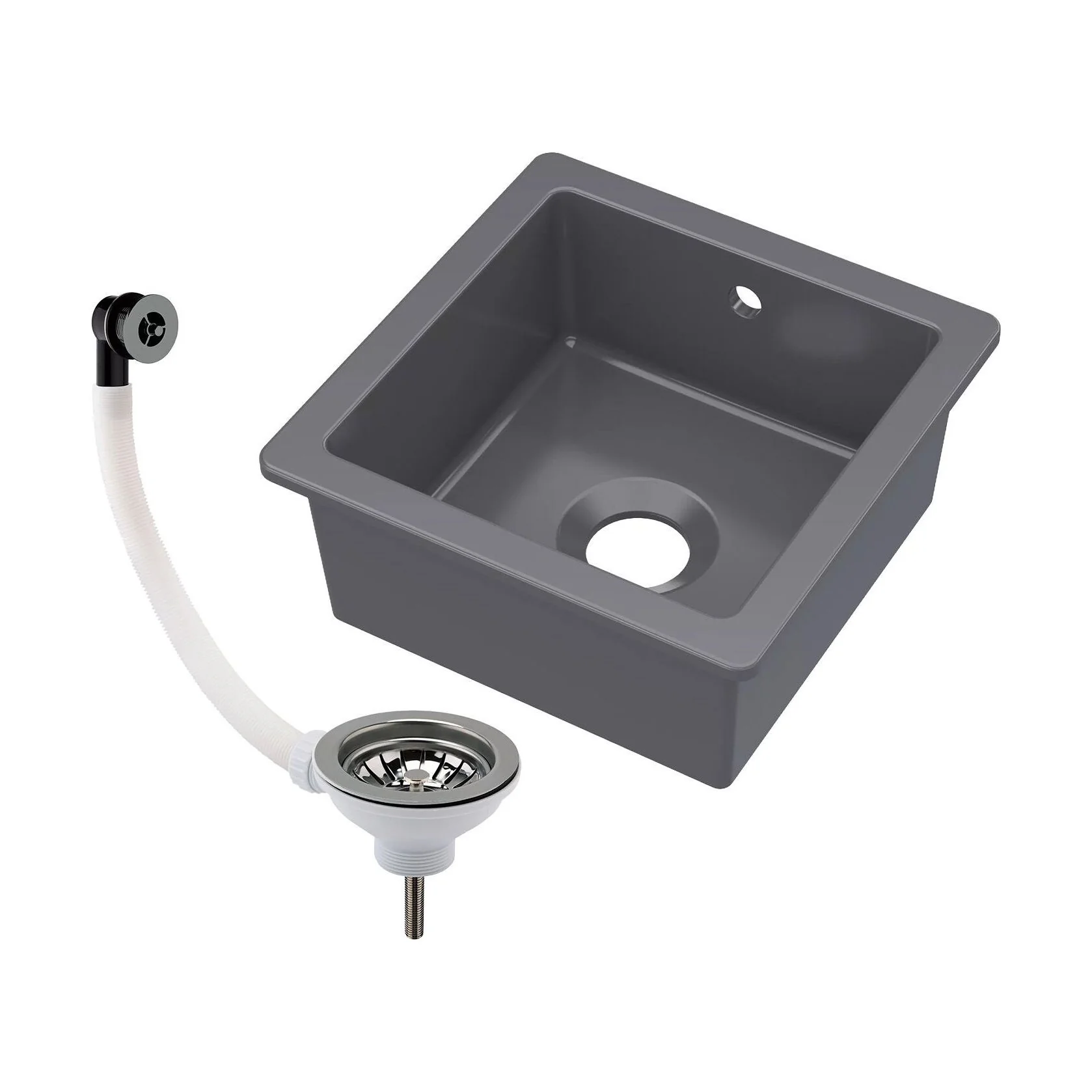 Balterley Dark Grey Fireclay Ceramic Single Bowl Square Undermount Kitchen Sink with Overflow and Brushed Nickel Waste, 457mm