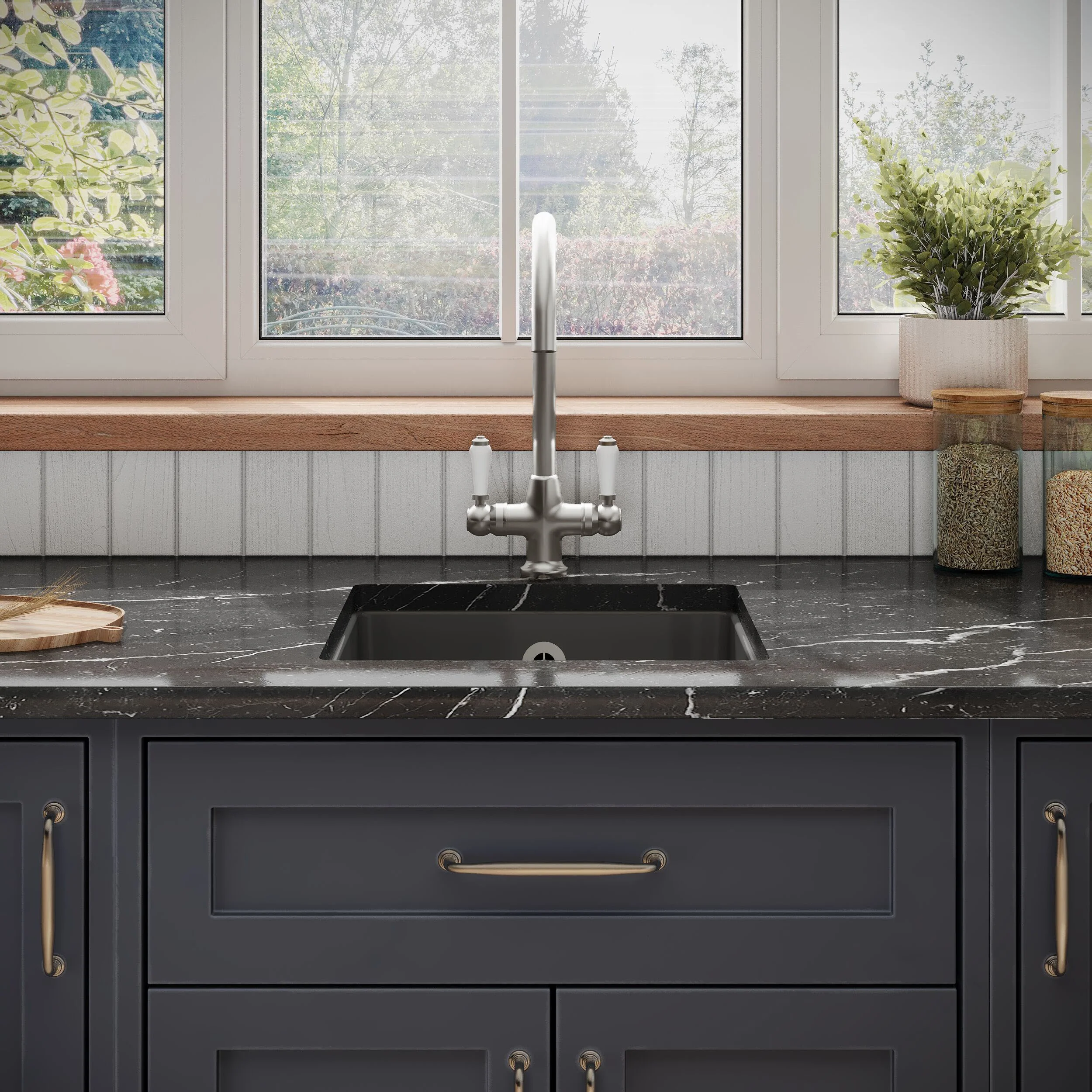 Balterley Dark Grey Fireclay Ceramic Single Bowl Square Undermount Kitchen Sink with Overflow and Brushed Nickel Waste, 457mm - Image 2
