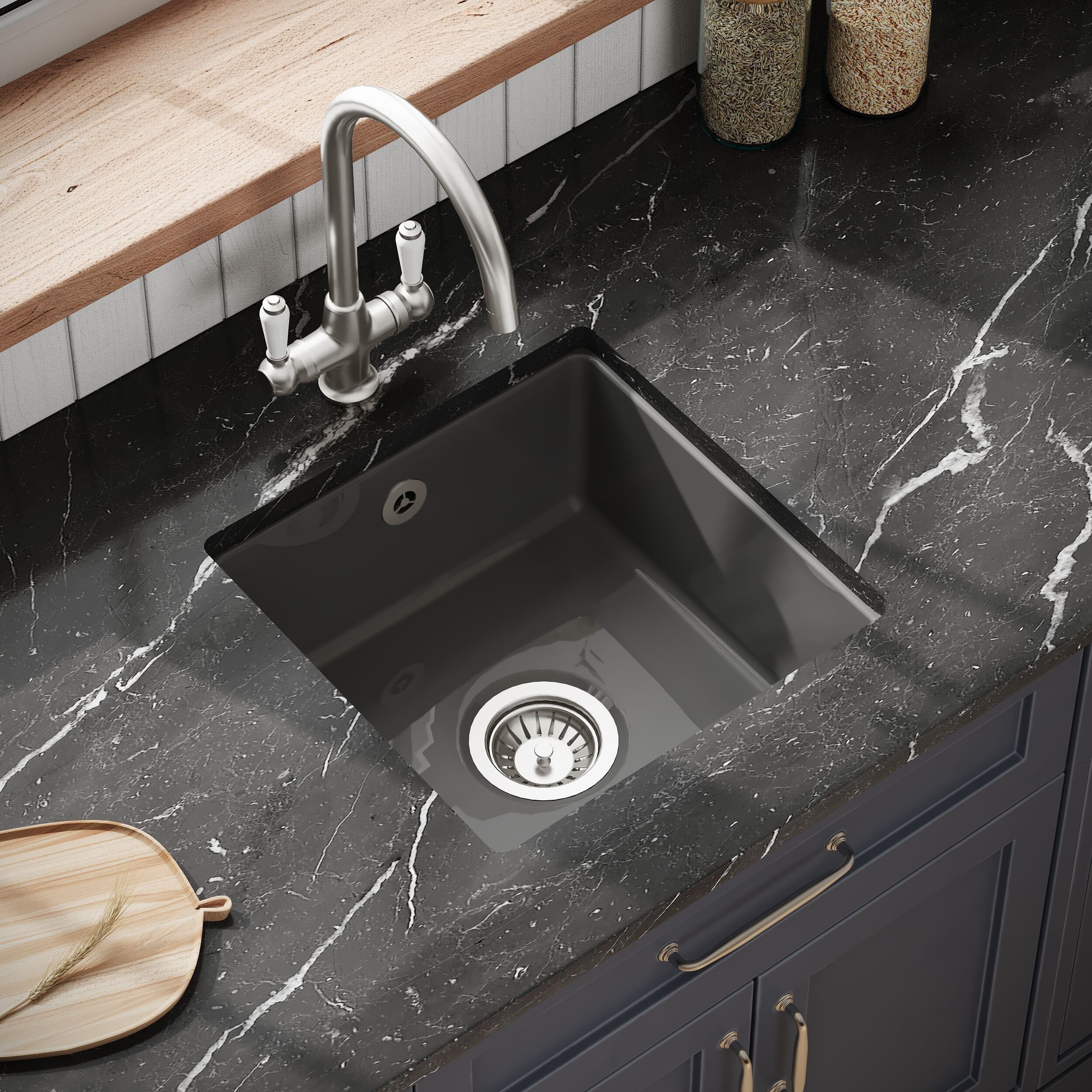 Balterley Dark Grey Fireclay Ceramic Single Bowl Square Undermount Kitchen Sink with Overflow and Brushed Nickel Waste, 457mm - Image 3