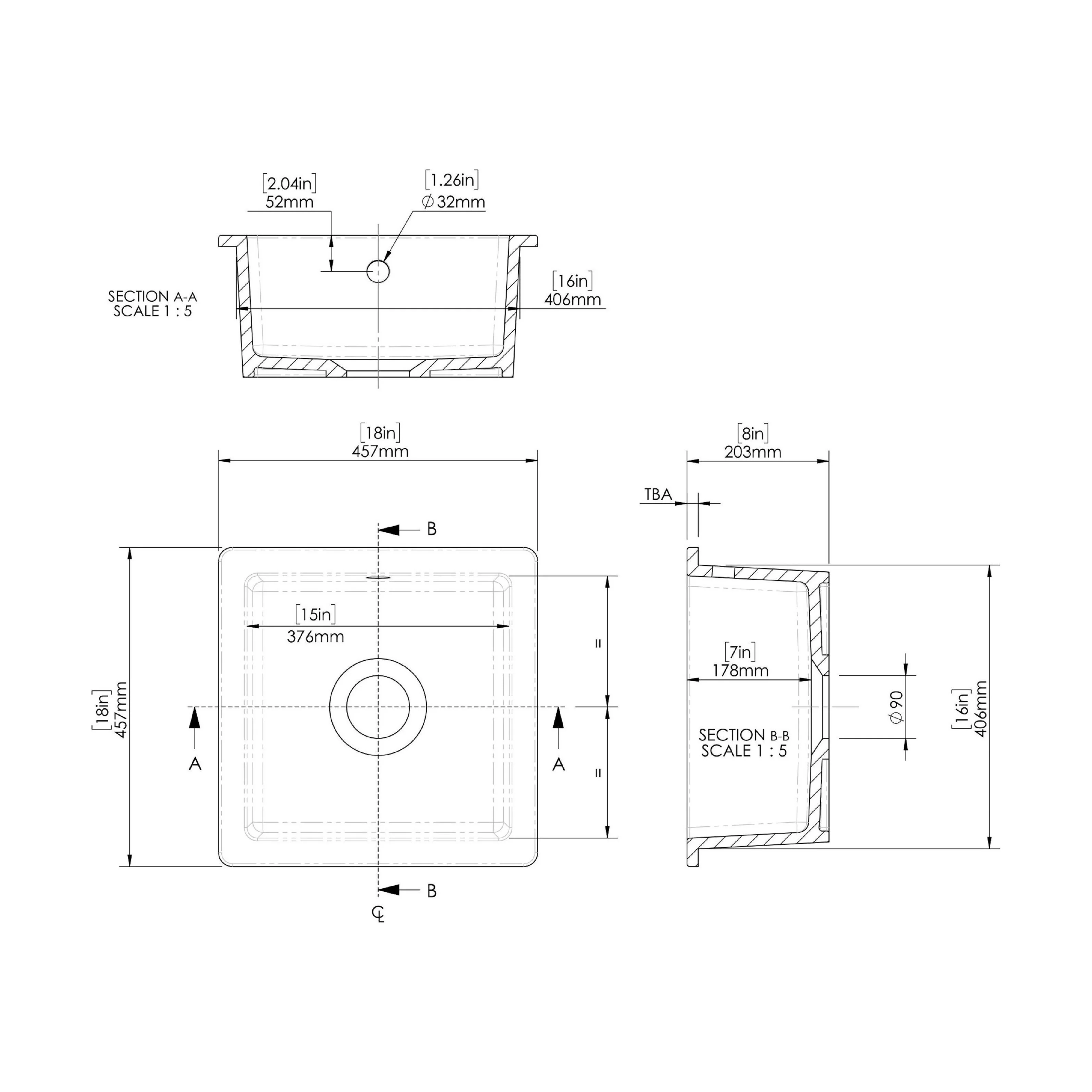 Balterley Dark Grey Fireclay Ceramic Single Bowl Square Undermount Kitchen Sink with Overflow and Brushed Nickel Waste, 457mm - Image 4