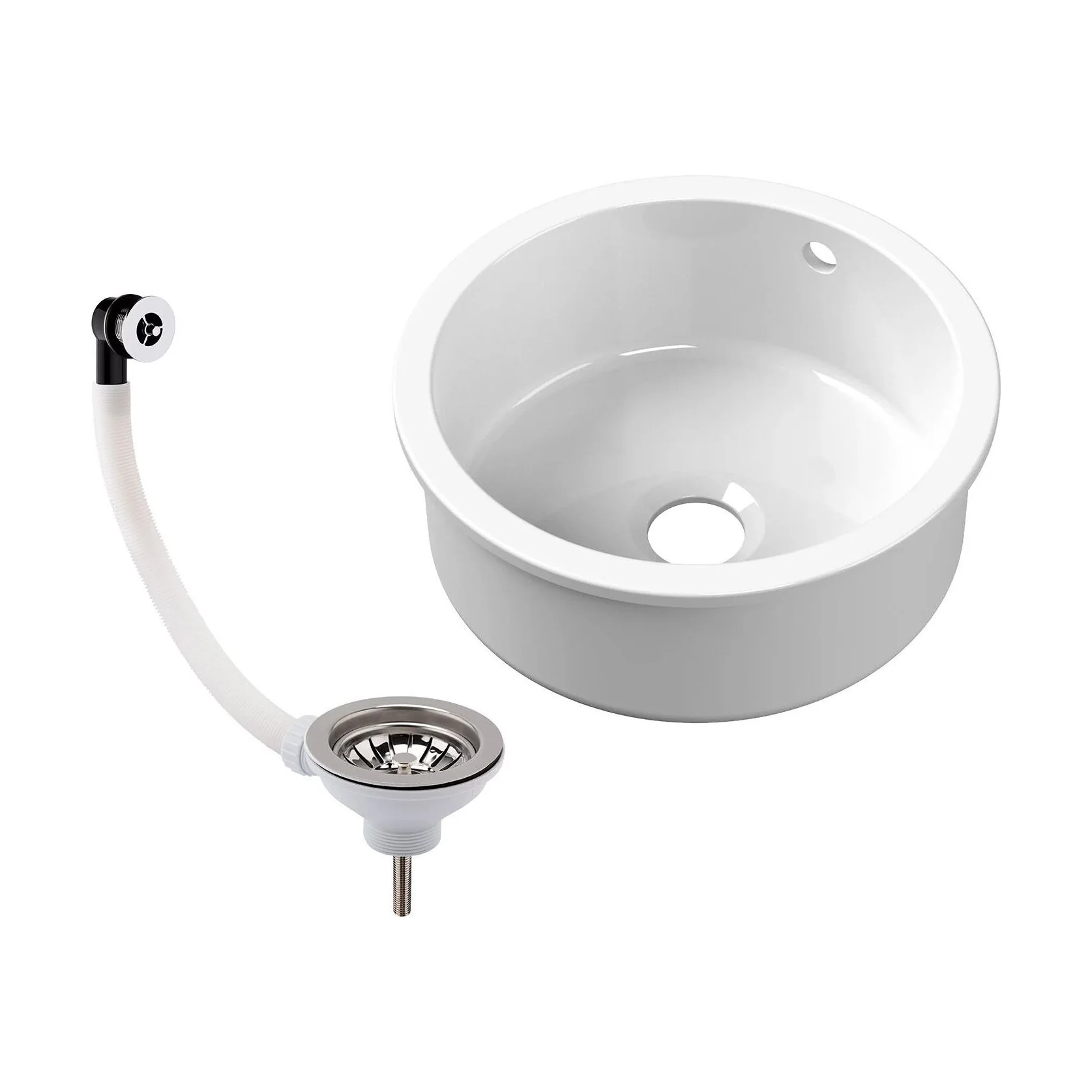 Balterley Fireclay Ceramic Single Bowl Round Undermount Kitchen Sink with Central Waste, Overflow and Chrome Strainer Waste, 460mm