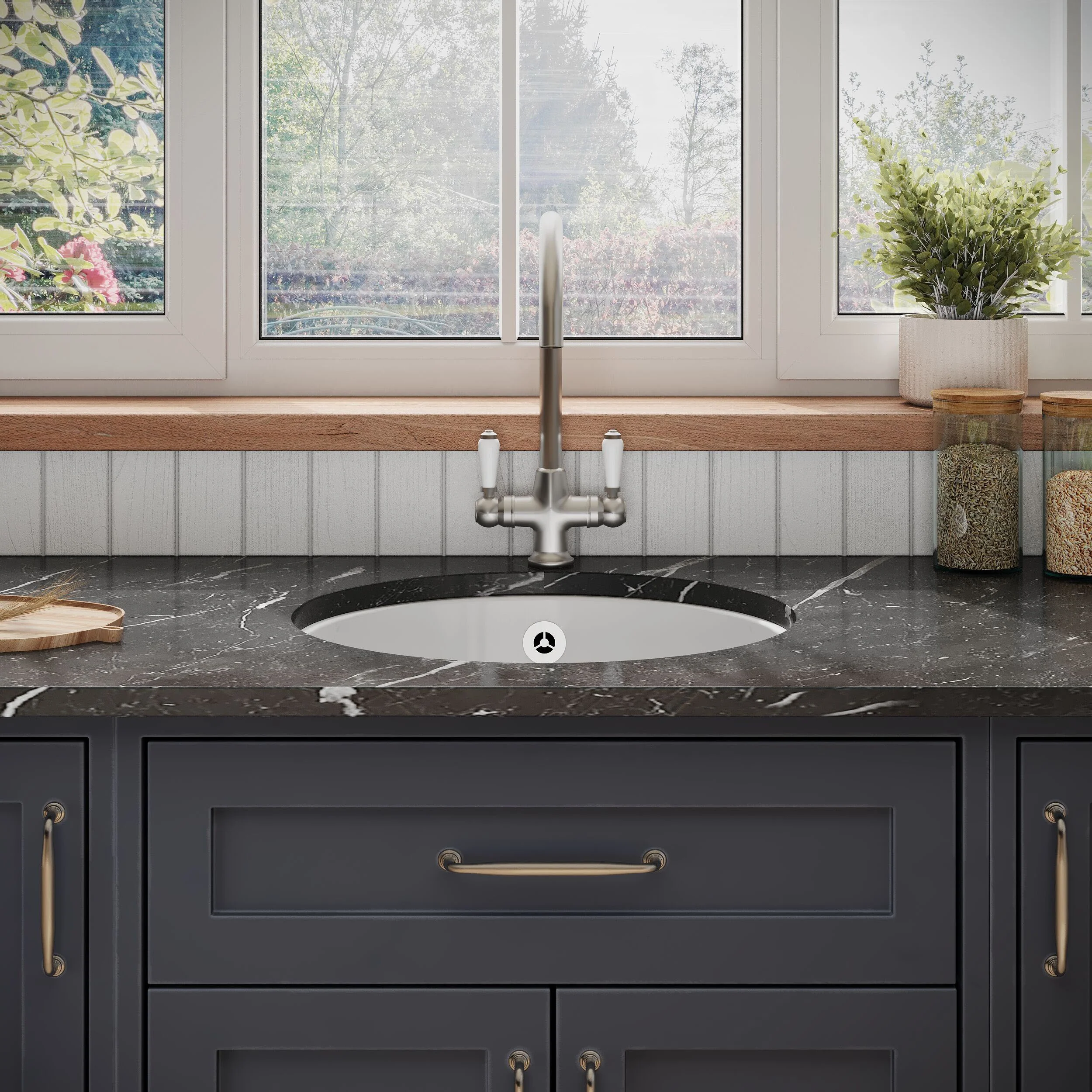 Balterley Fireclay Ceramic Single Bowl Round Undermount Kitchen Sink with Central Waste, Overflow and Chrome Strainer Waste, 460mm - Image 2