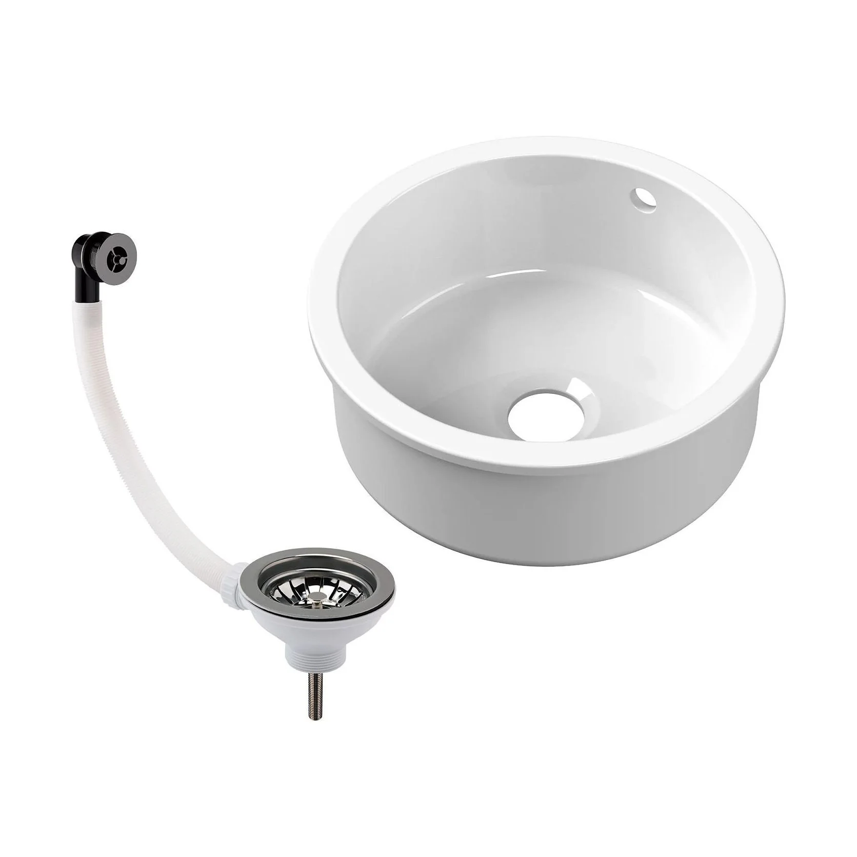Fireclay Ceramic Bowl Round Undermount Kitchen Sink with Central Waste, Overflow and Brushed Pewter Strainer Waste - 460mm