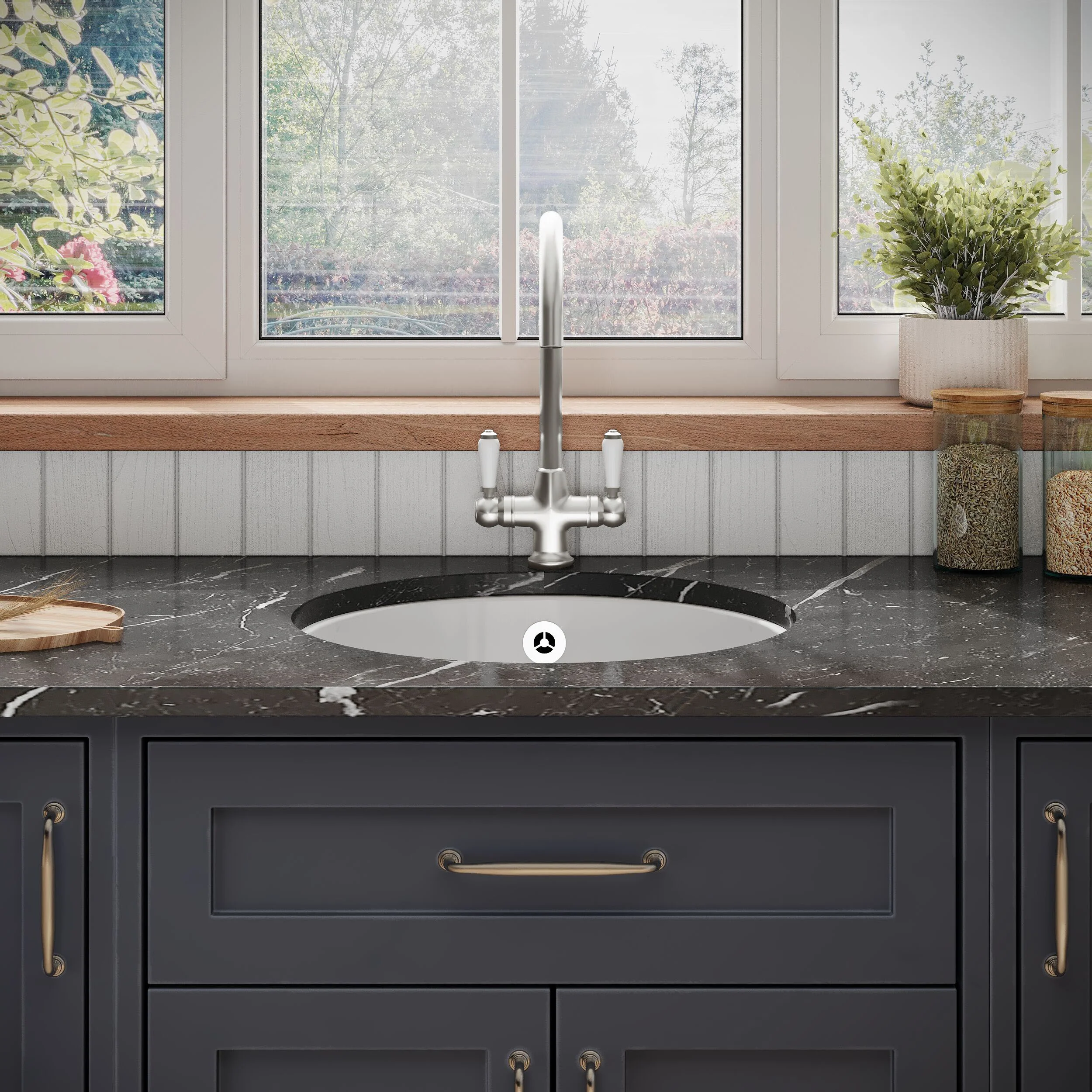 Balterley Fireclay Ceramic Bowl Round Undermount Kitchen Sink with Central Waste, Overflow and Brushed Nickel Strainer Waste 460mm - Image 2