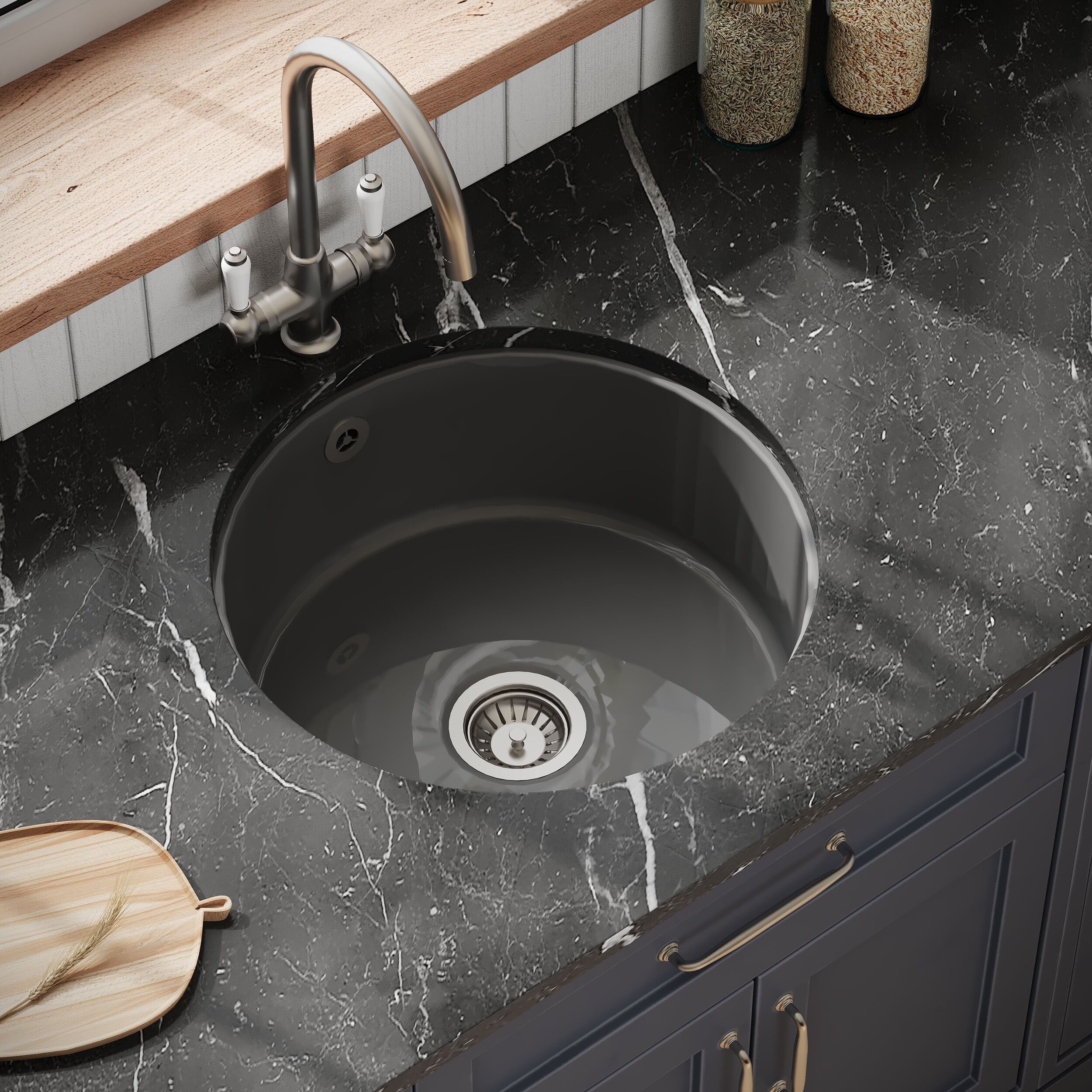 Fireclay Ceramic Bowl Round Undermount Kitchen Sink with Central Overflow and Chrome Strainer Waste, 460mm - Dark Grey - Image 3