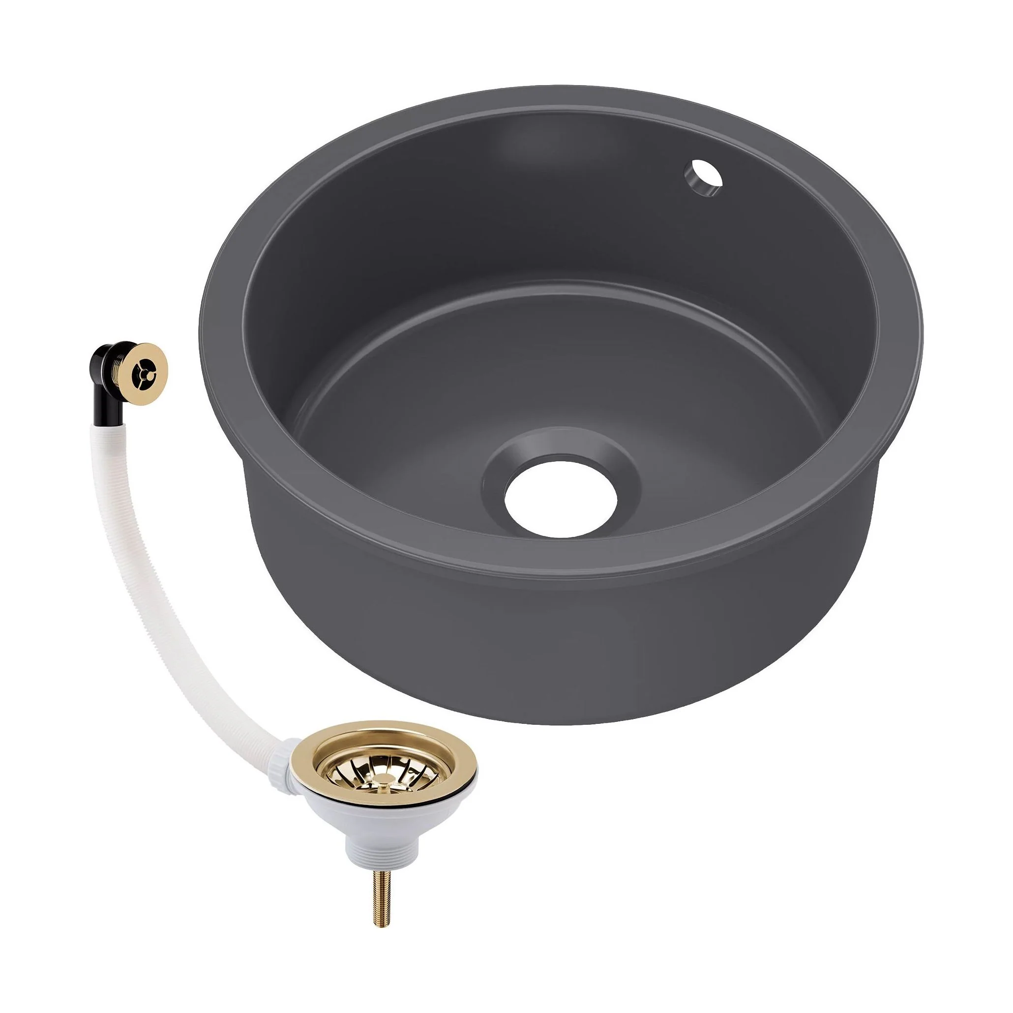 Fireclay Bowl Round Undermount Kitchen Sink with Central, Overflow and Brushed Brass Strainer Waste, 460mm - Dark Grey