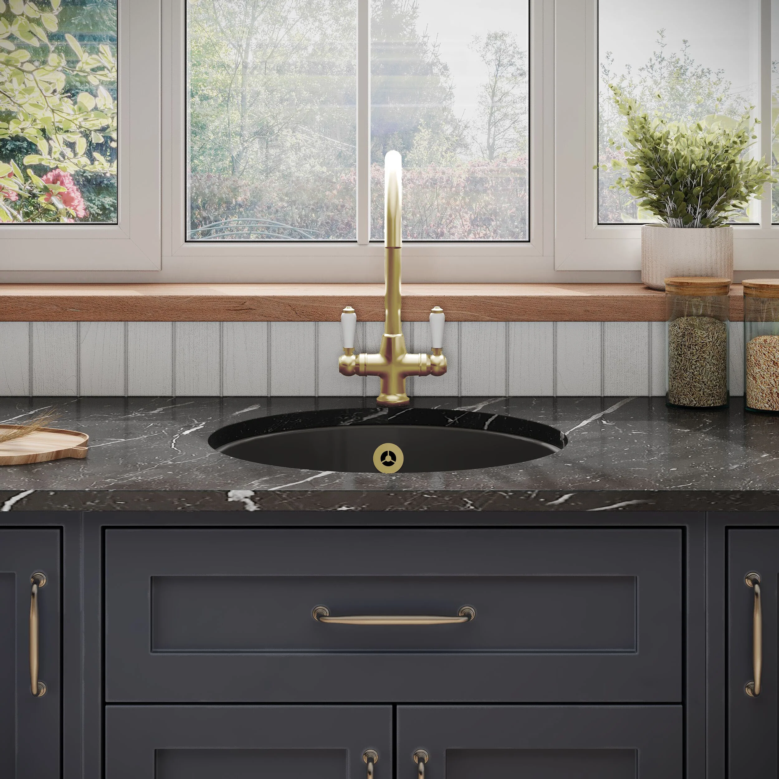 Fireclay Bowl Round Undermount Kitchen Sink with Central, Overflow and Brushed Brass Strainer Waste, 460mm - Dark Grey - Image 2