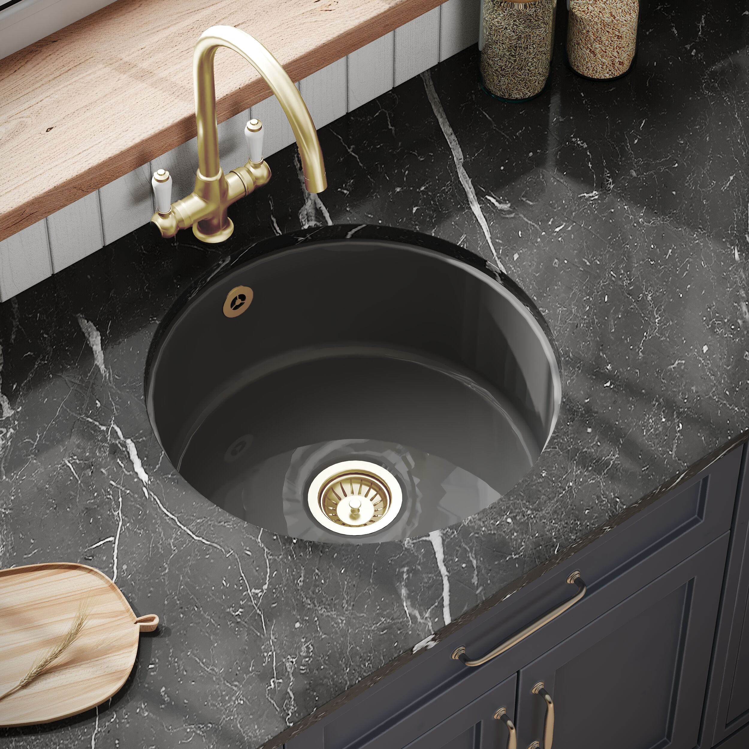 Fireclay Bowl Round Undermount Kitchen Sink with Central, Overflow and Brushed Brass Strainer Waste, 460mm - Dark Grey - Image 3