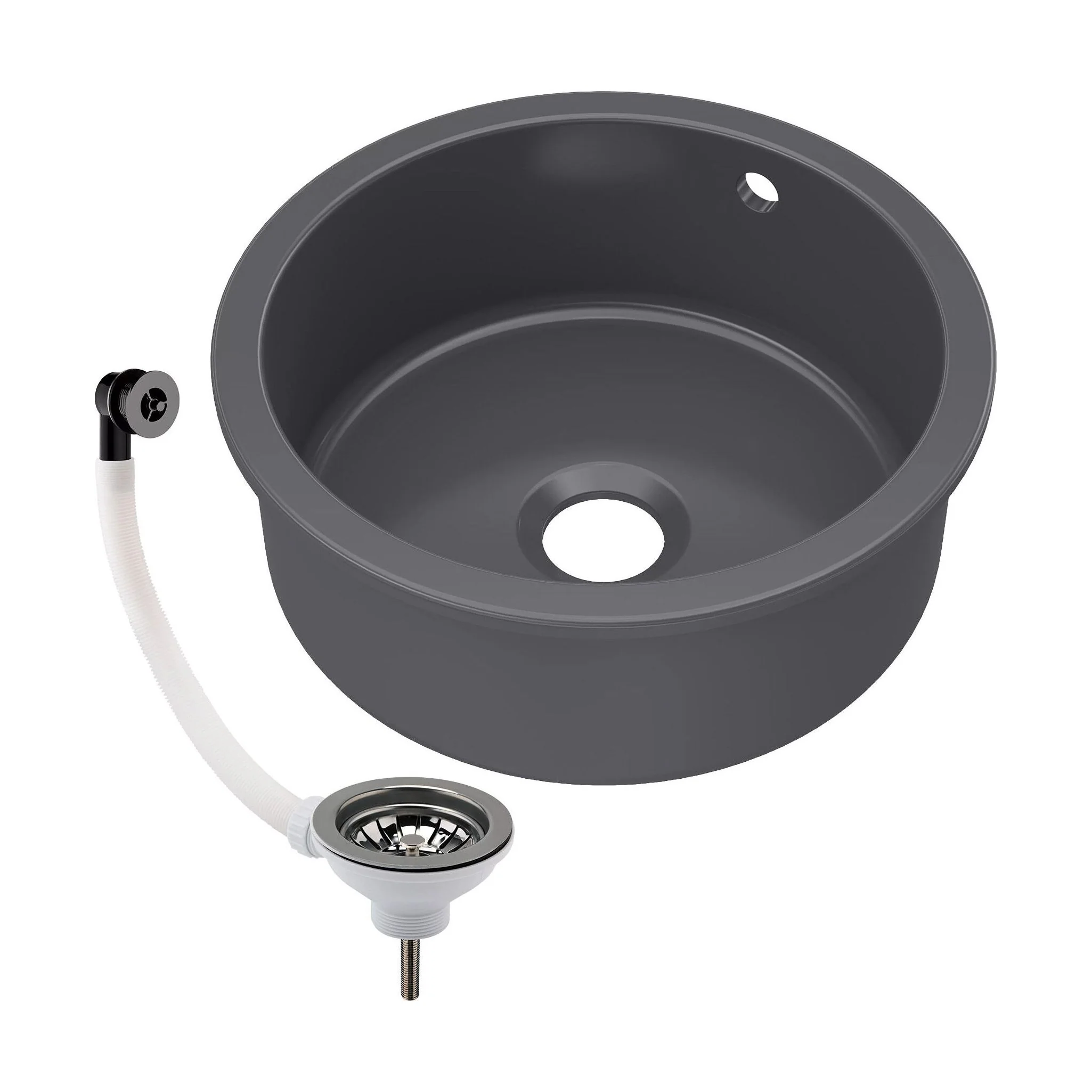 Balterley Dark Grey Fireclay Bowl Round Undermount Kitchen Sink with Central, Overflow and Brushed Pewter Strainer Waste, 460mm