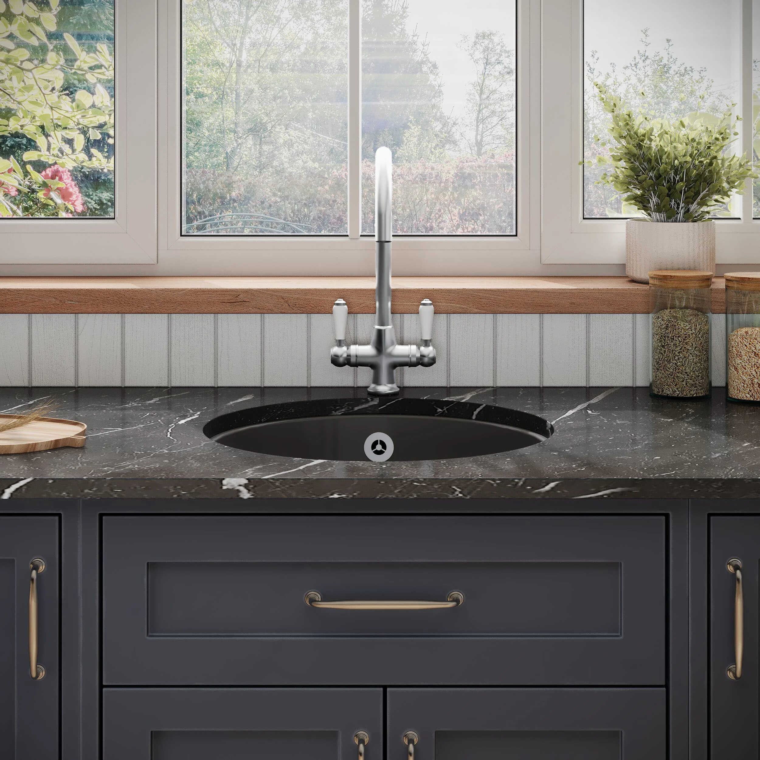 Balterley Dark Grey Fireclay Bowl Round Undermount Kitchen Sink with Central, Overflow and Brushed Pewter Strainer Waste, 460mm - Image 2