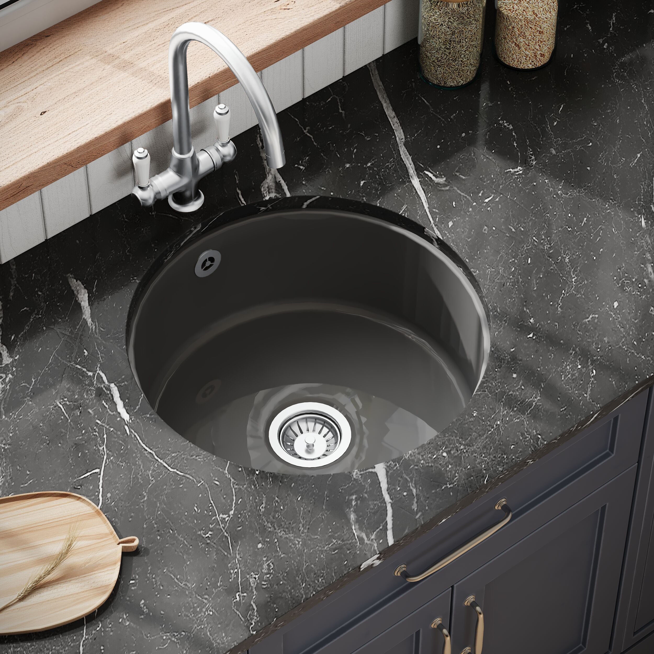 Balterley Dark Grey Fireclay Bowl Round Undermount Kitchen Sink with Central, Overflow and Brushed Pewter Strainer Waste, 460mm - Image 3
