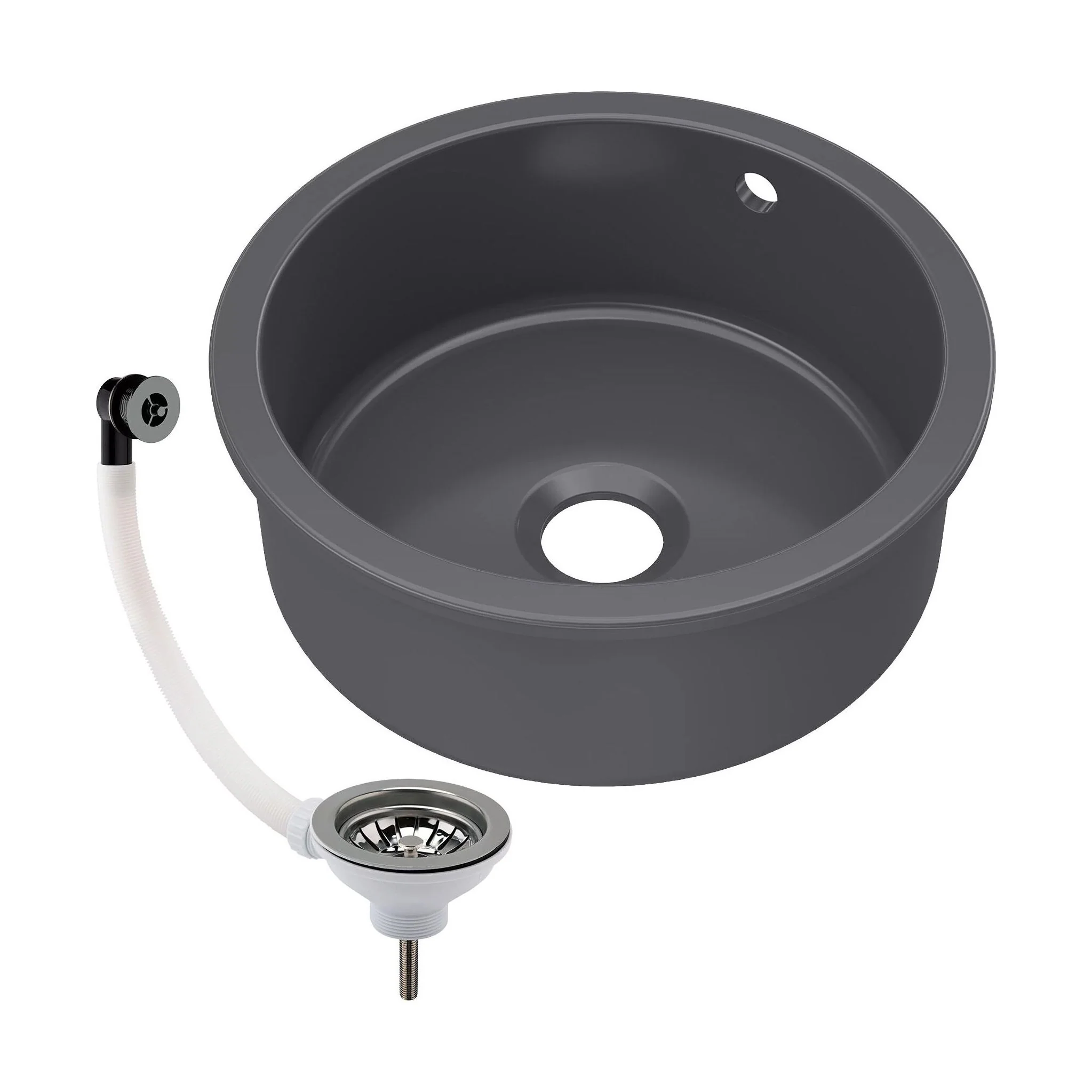 Balterley Dark Grey Fireclay Bowl Round Undermount Kitchen Sink with Central, Overflow and Brushed Nickel Strainer Waste, 460mm