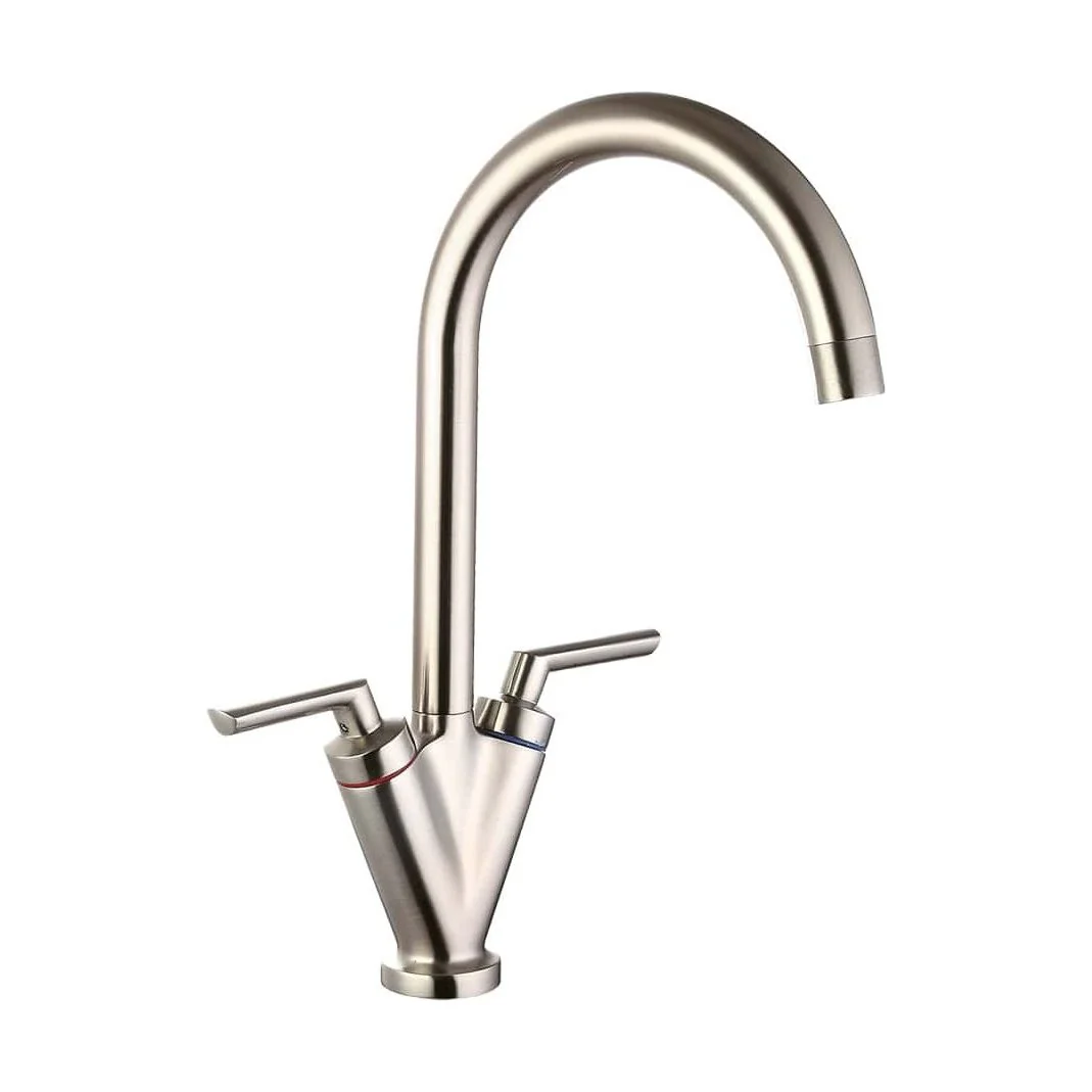 Balterley Contemporary Pull Out Dual Lever Kitchen Mixer Tap with Rounded Swivel Spout - Brushed Nickel