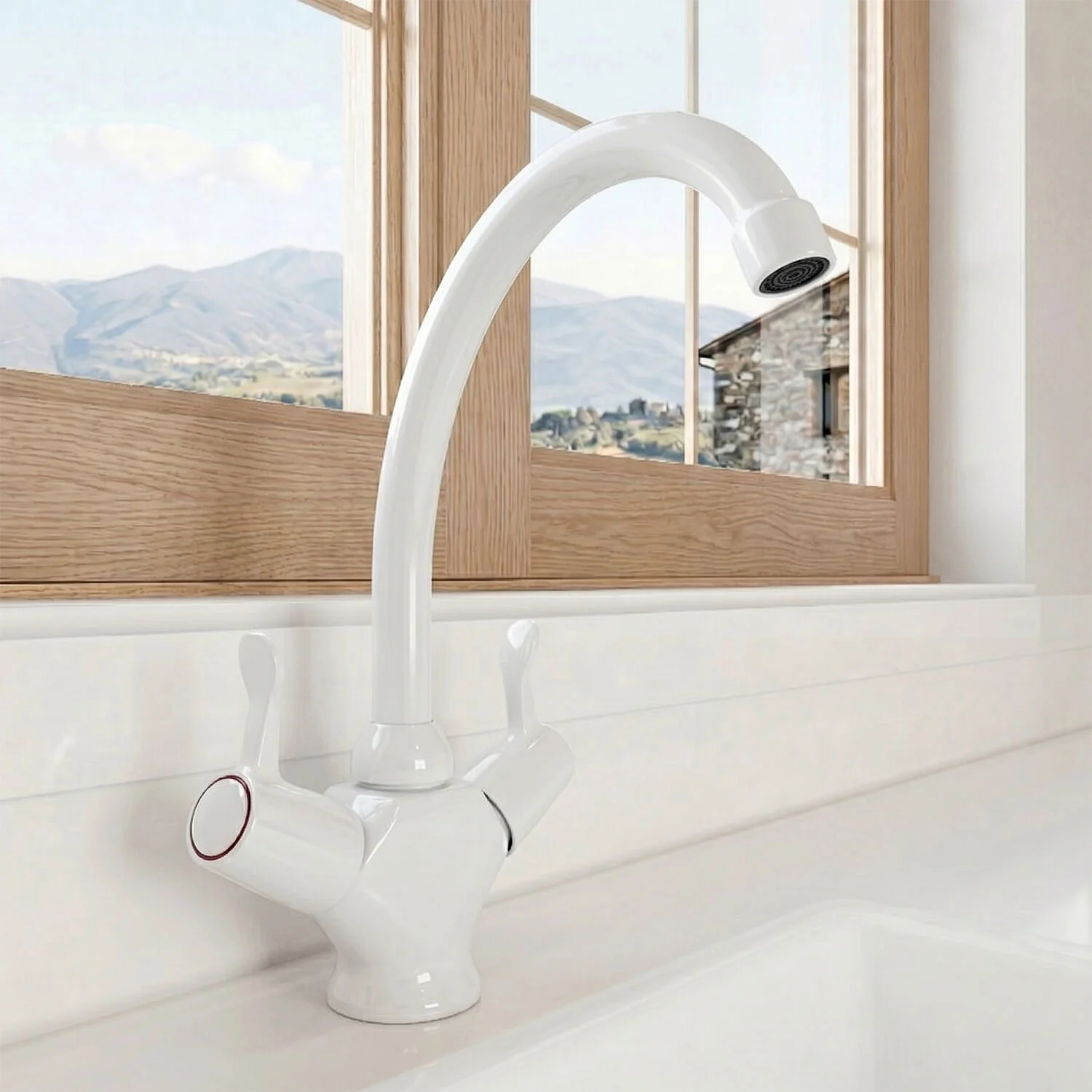 Contemporary Dual Lever Kitchen Sink Mixer Tap - White