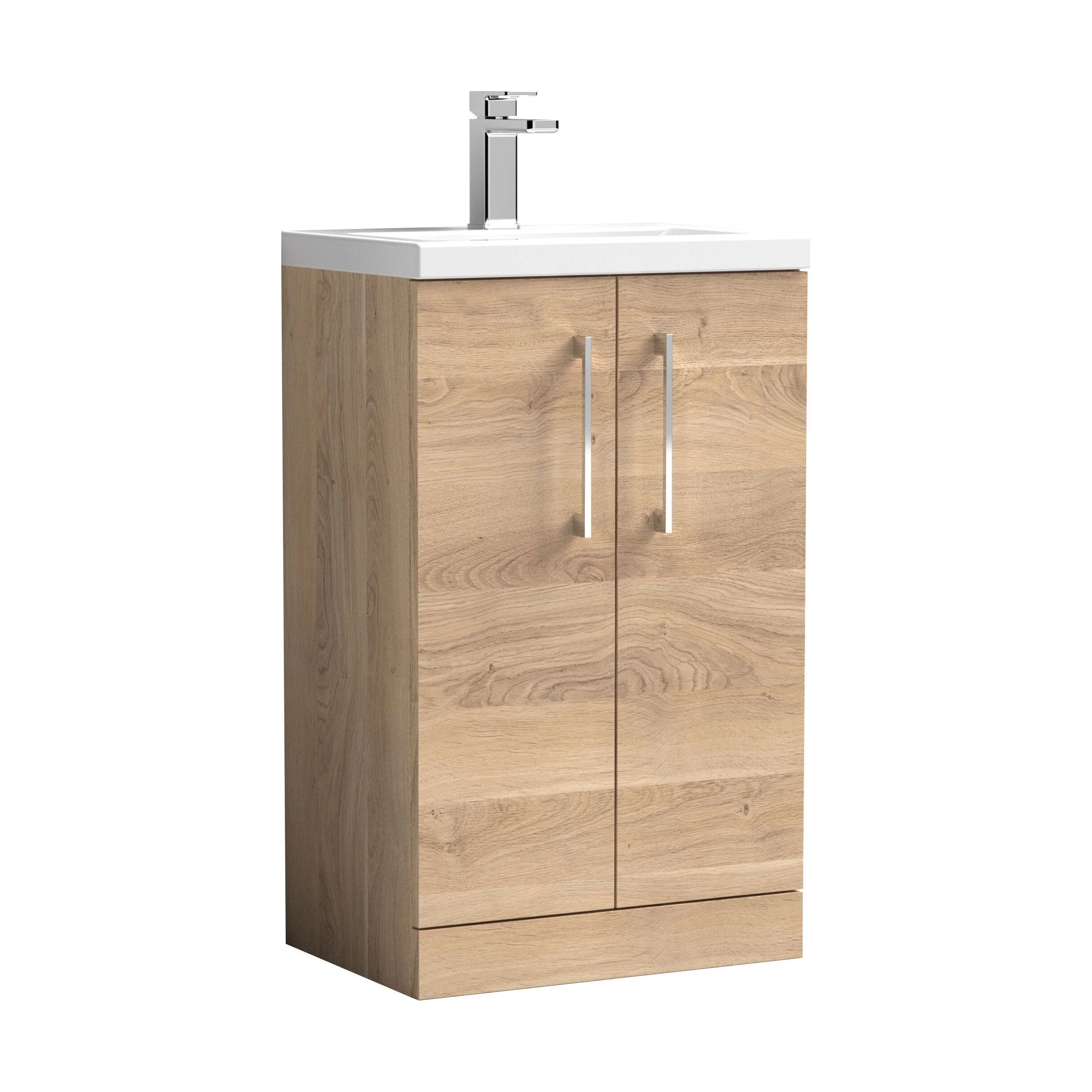 Bramshall Compact 500mm 2 Door Bleached Oak Floor Standing Vanity Unit With Polymarble Basin