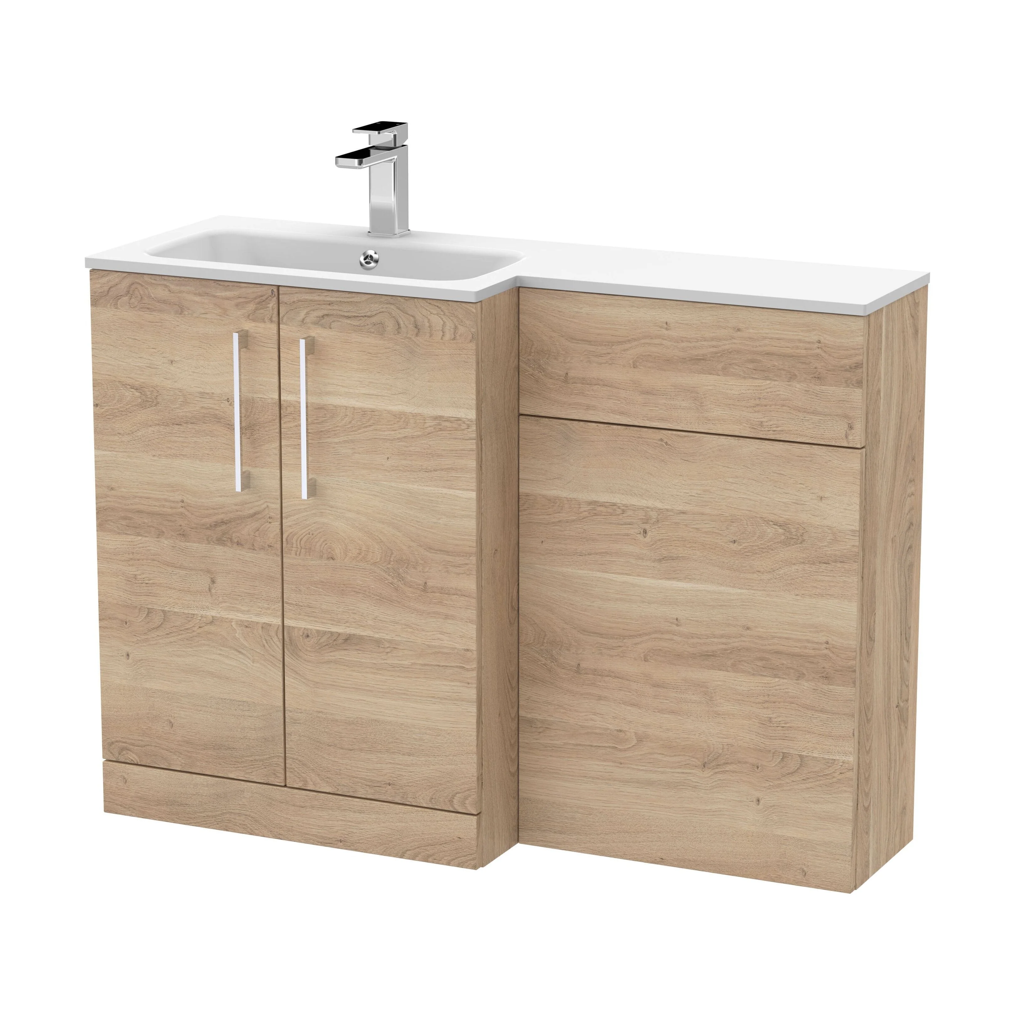 Bramshall Contemporary 2 Door Left-Hand Floor Standing Combination Unit with Stone Basin, Bleached Oak, 1100mm