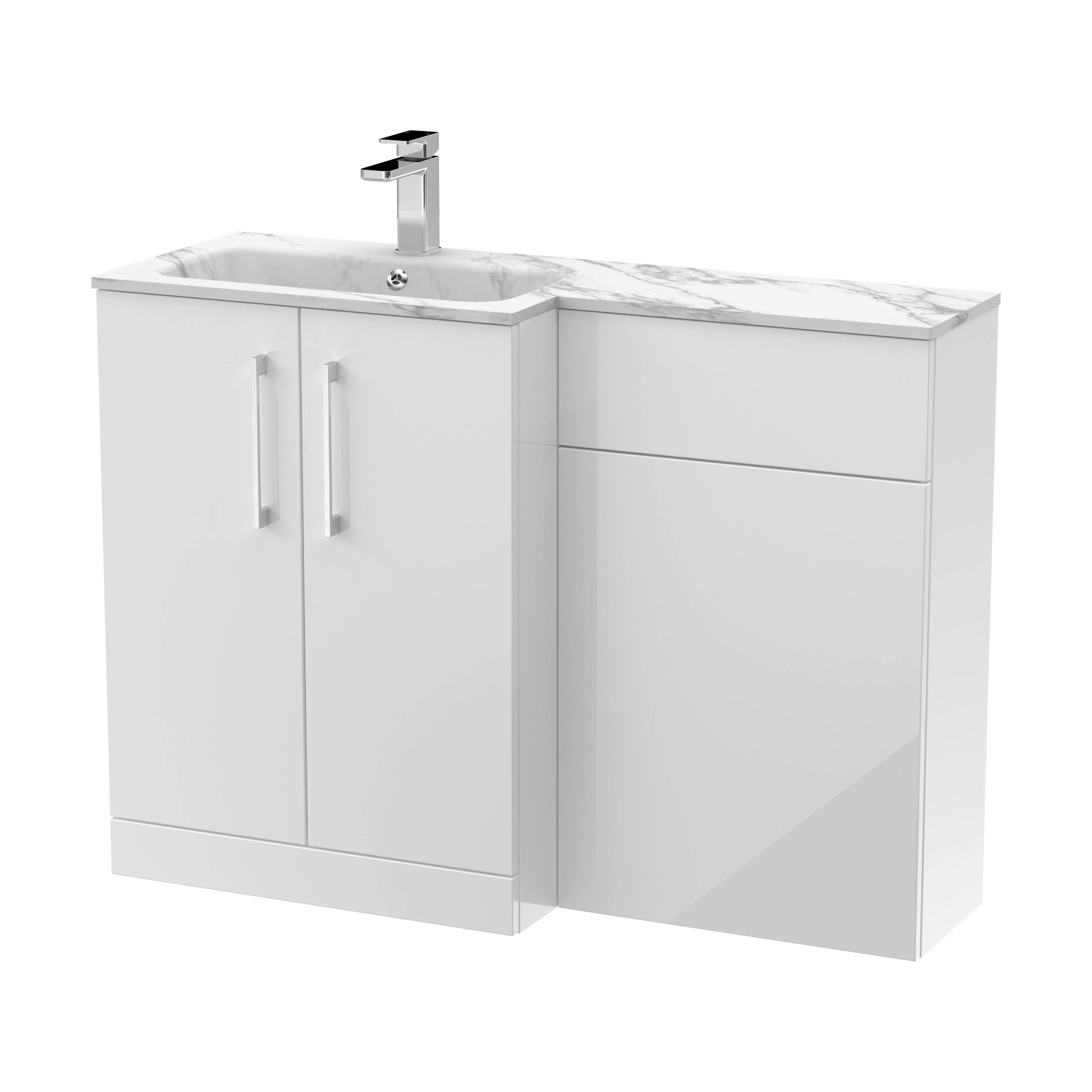 Bramshall Contemporary 2 Door Left-Hand Floor Standing Combination Unit with Stone Basin, Gloss White, 1100mm