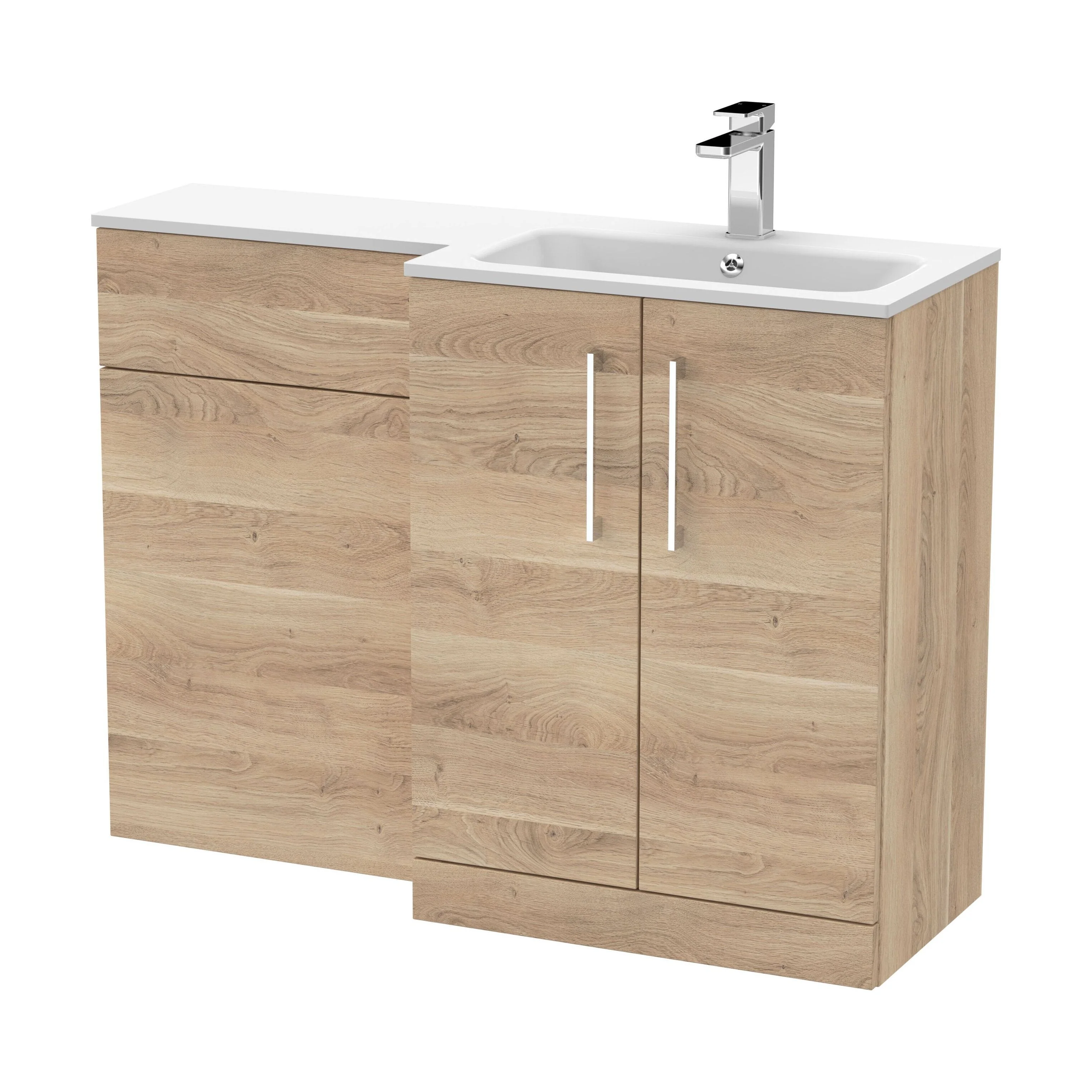 Bramshall Contemporary 2 Door Right-Hand Floor Standing Combination Unit with Stone Basin, Bleached Oak, 1100mm