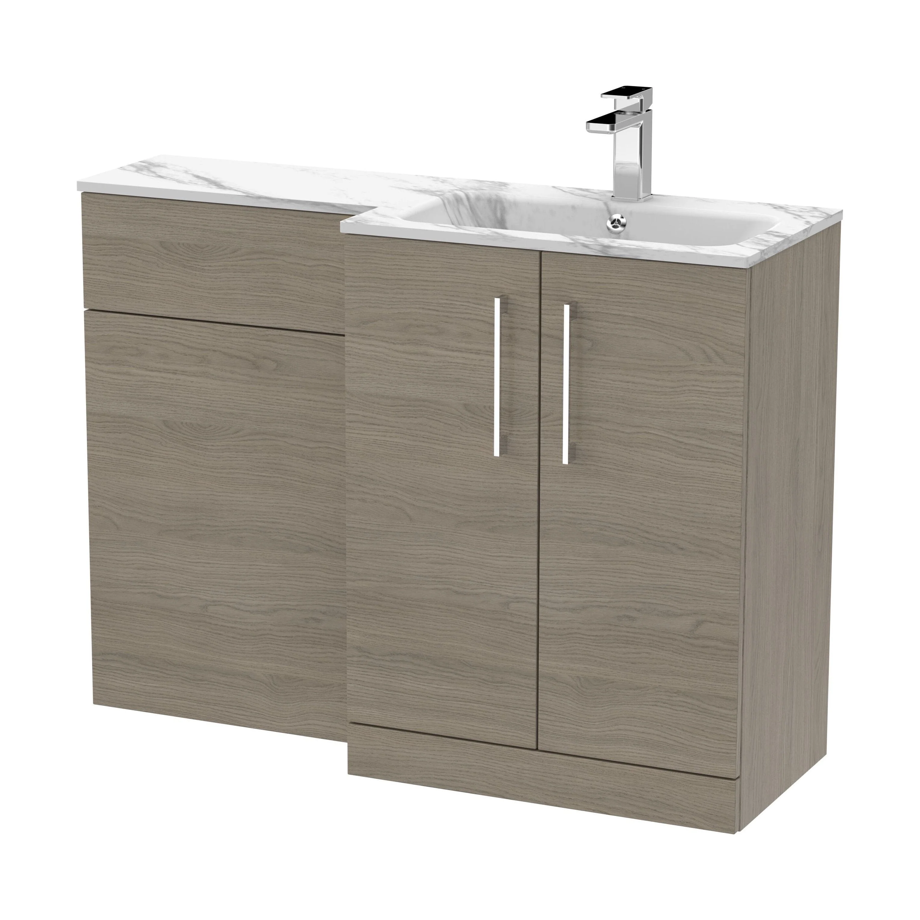 Bramshall Contemporary 2 Door Right-Hand Floor Standing Combination Unit with Stone Basin, Solace Oak, 1100mm