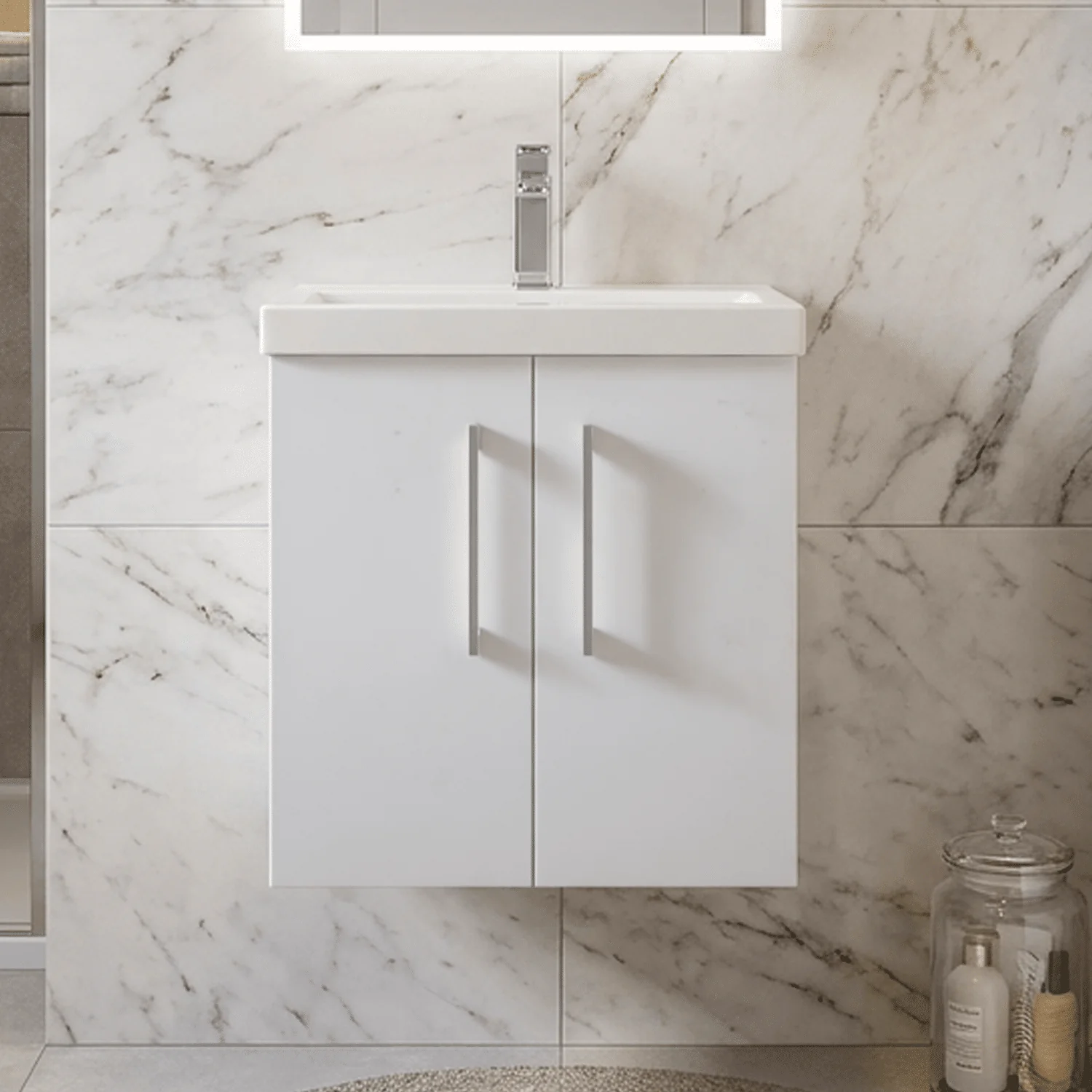 Bramshall Contemporary 2 Door Wall Hung Vanity Basin Unit with Mid-Edge Basin, Choice of Size and Colour