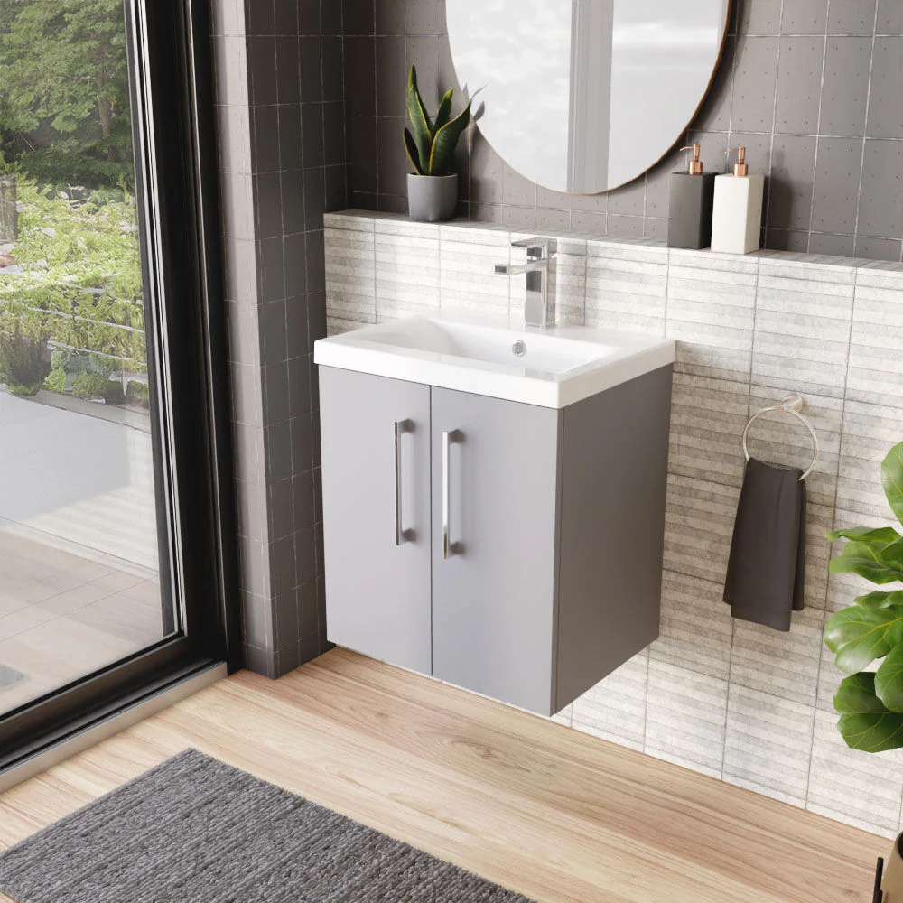 Bramshall Contemporary 2 Door Wall Hung Vanity Basin Unit with Mid-Edge Basin, Choice of Size and Colour - Image 24