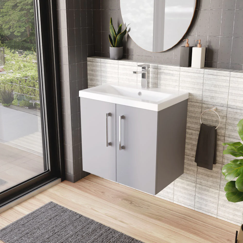 Bramshall Contemporary 2 Door Wall Hung Vanity Basin Unit with Mid-Edge Basin, Choice of Size and Colour - Image 29