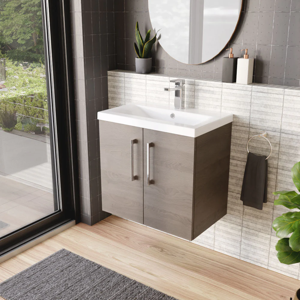 Bramshall Contemporary 2 Door Wall Hung Vanity Basin Unit with Mid-Edge Basin, Choice of Size and Colour - Image 39